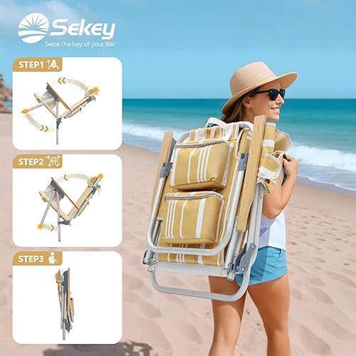 Miniatura 9 de Paquete de 2 sillas de playa de aluminio para adultos con 5 posiciones clásicas, plegables, ligeras, con 2 bolsas de enfriamiento, toallero,