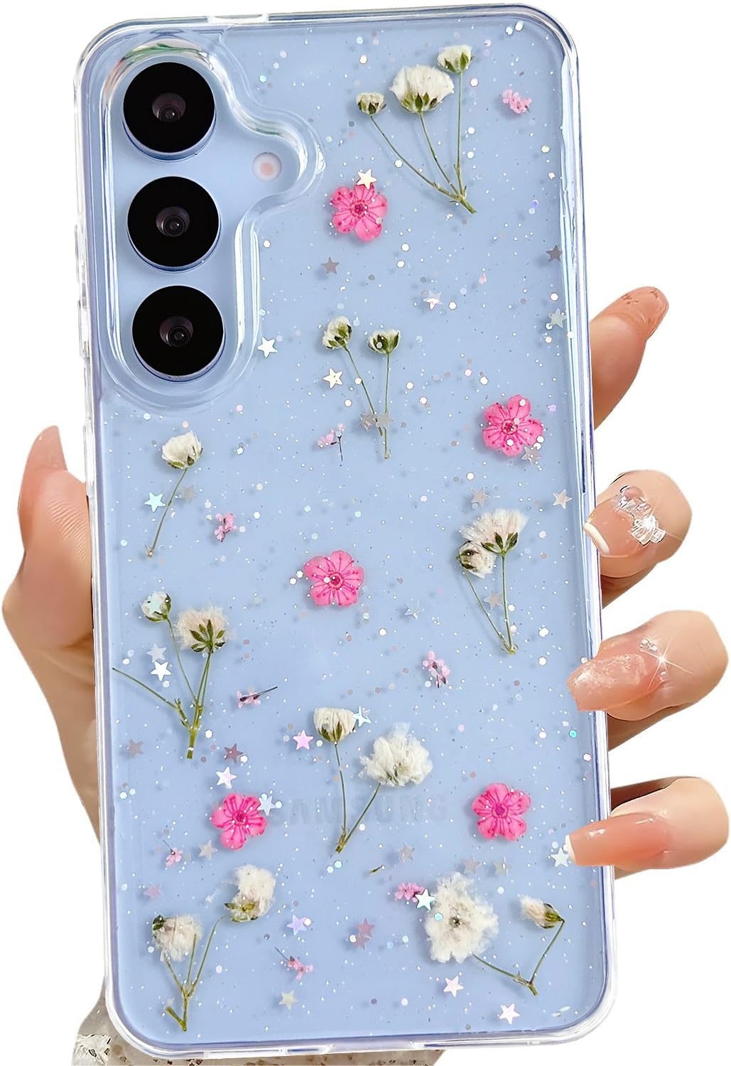 LSEEKA for Samsung Galaxy S25+ Clear Case with Pressed Real Dried Pink Flower Design,Transparent Glitter Cute Floral Slim Soft TPU Protective Phone
