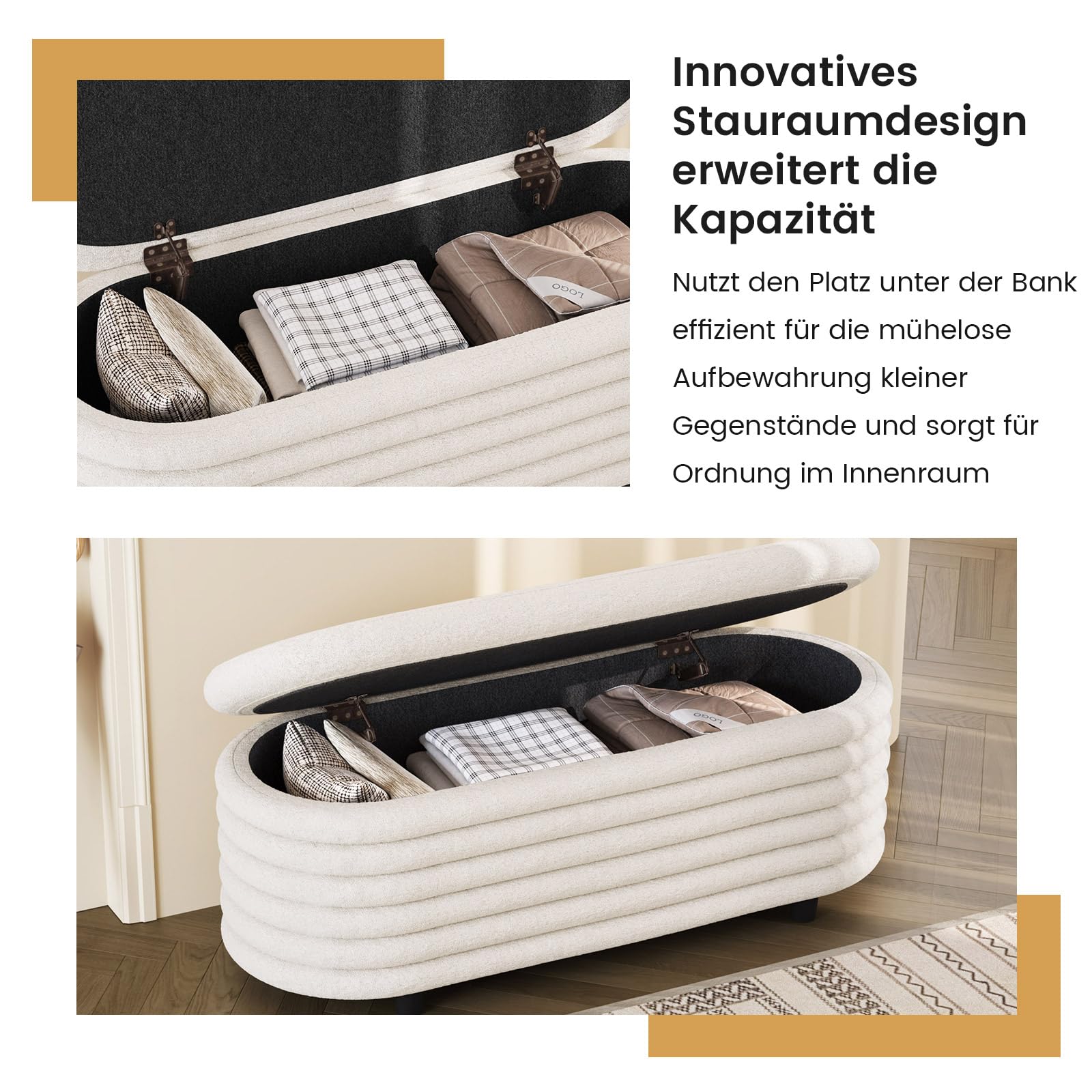 Guyii Sitzbank mit Stauraum aus Lammfellimitat – Beige Polsterbank fürs Schlafzimmer, Bettbank & Bank mit Stauraum – Weiche Sitzbank Schlafzimmersitzbank, Polsterbank mit Stauraum modern