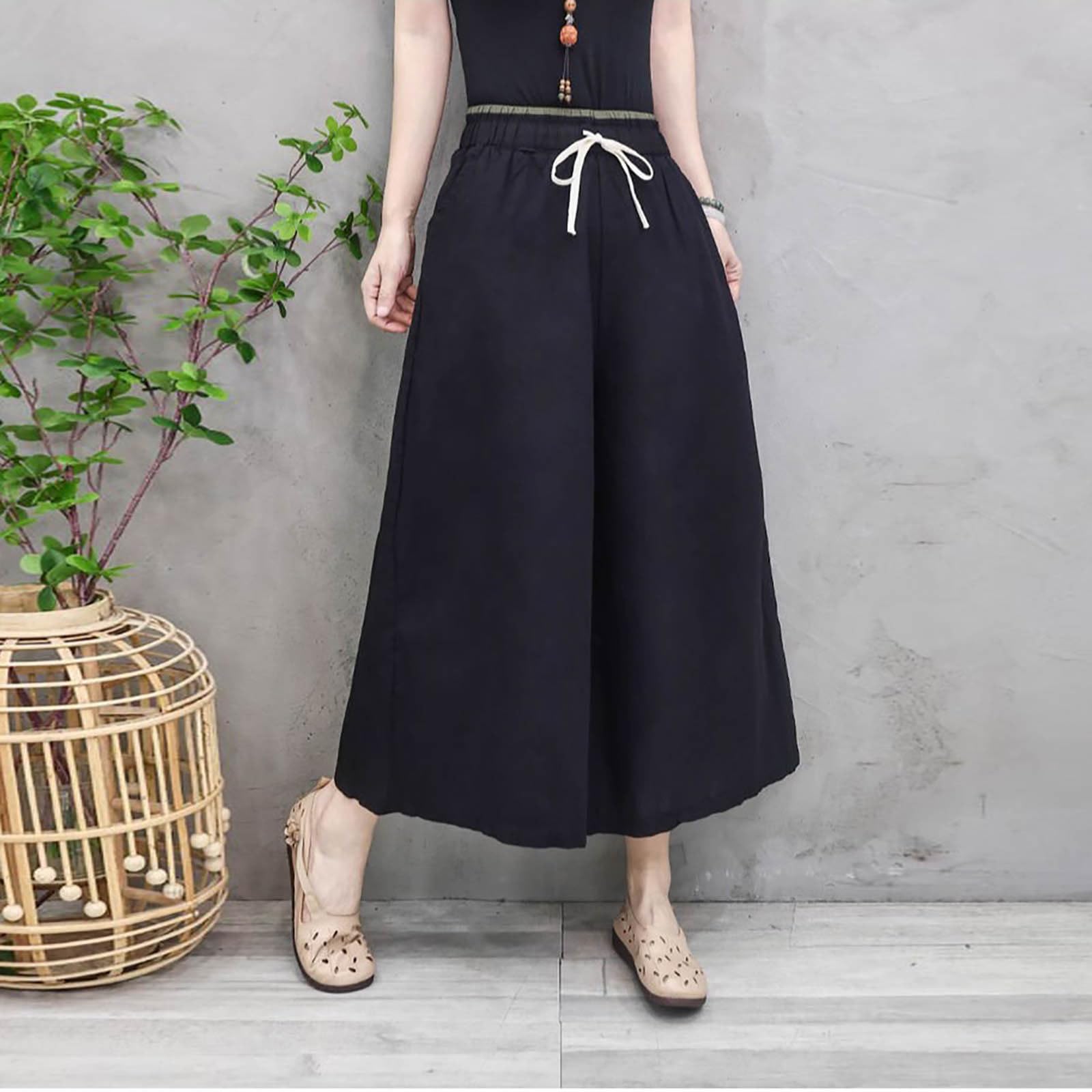 Wide Leg Pants for Women Casual Drawstring Elastic Waist Pants Boho Flowy Summer Trendy Palazzo Trouser(Black,One Size)