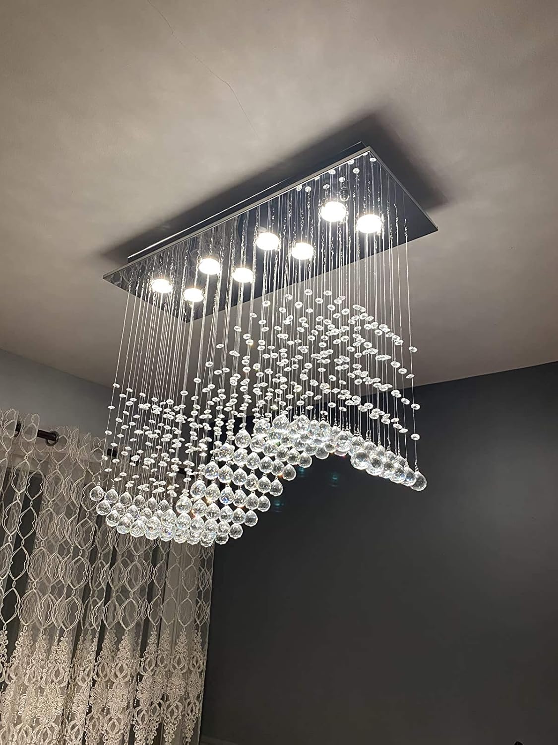 Best Deal 🛒 APBEAMLighting Modern Rectangular Crystal Chandelier Flush Mount Wave Raindrop Ceiling Lighting Fixture for Kitchen Island Dining Room 8 Lights