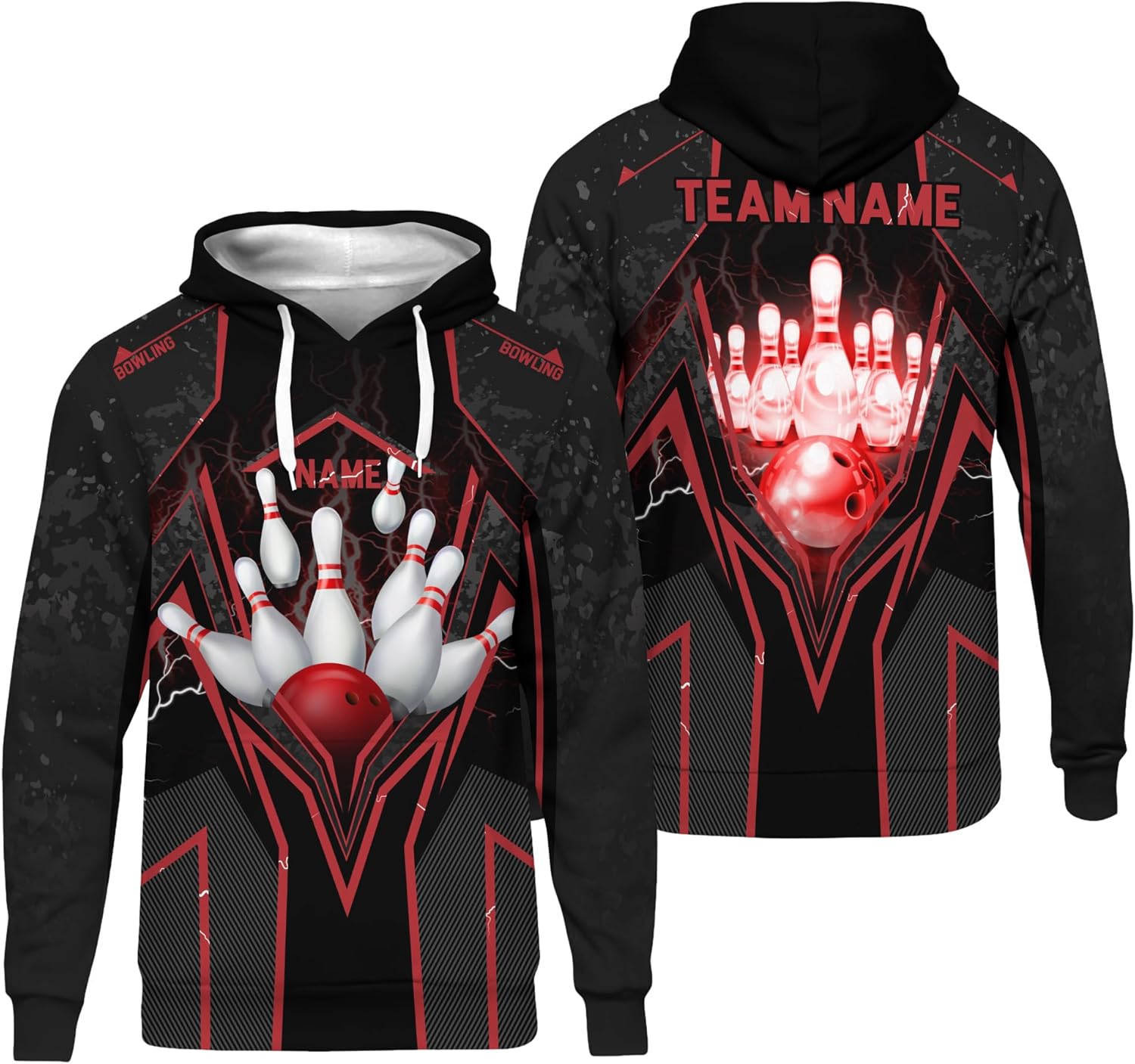 Unisex Bowling Hoodie Customized Red Plaid Bowling Pin Long Sleeve Shirt For Bowling Player Printing Bowling Team Clothing