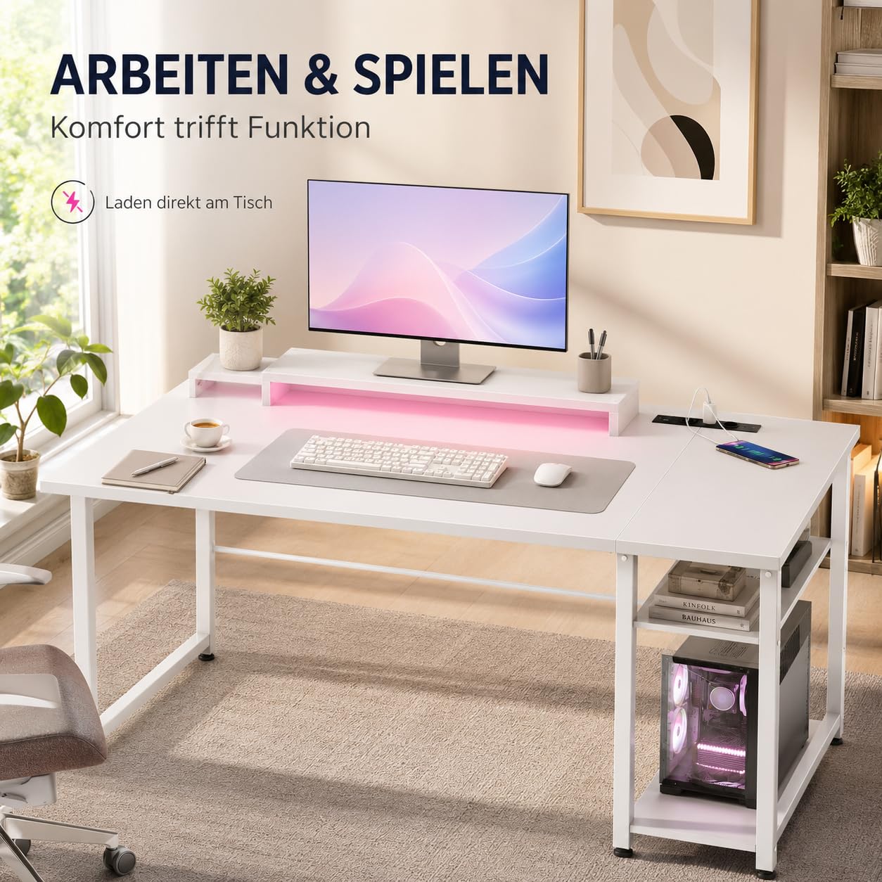 iSunirm Gaming Tisch 100x50cm Weiß mit LED & 2 Steckdosen + 2 USB, Computertisch mit Monitorständer, Wendbarer Kleiner Tisch für Homeoffice & Gaming Room Gaming Schreibtisch