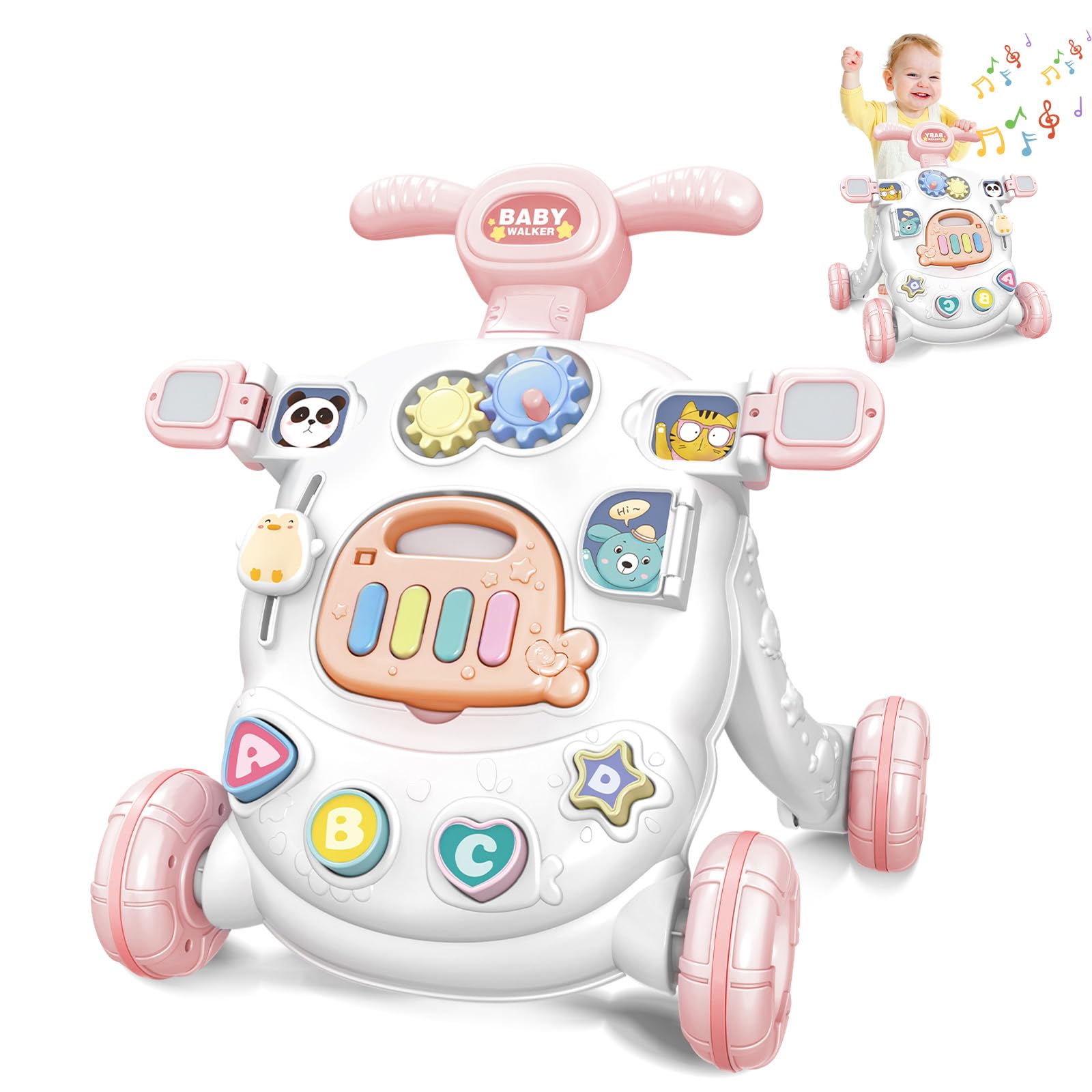 Primi Passi per Bambini, Girello Neonato con Centri di Attività Multifunzionali, Giocattolo Carrello Primi Passi Regolabile in Altezza, Giochi Musicali Bambini di Prima Educazione (Rosa)
