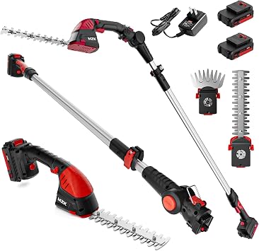 MZK 20V 2-in-1 Pole Hedge Trimmer & Grass Shear, 13-Foot Reach | Multi-angle cordless trimmer with extension pole for hedges, grass shearing, shrubs, and yard care.
