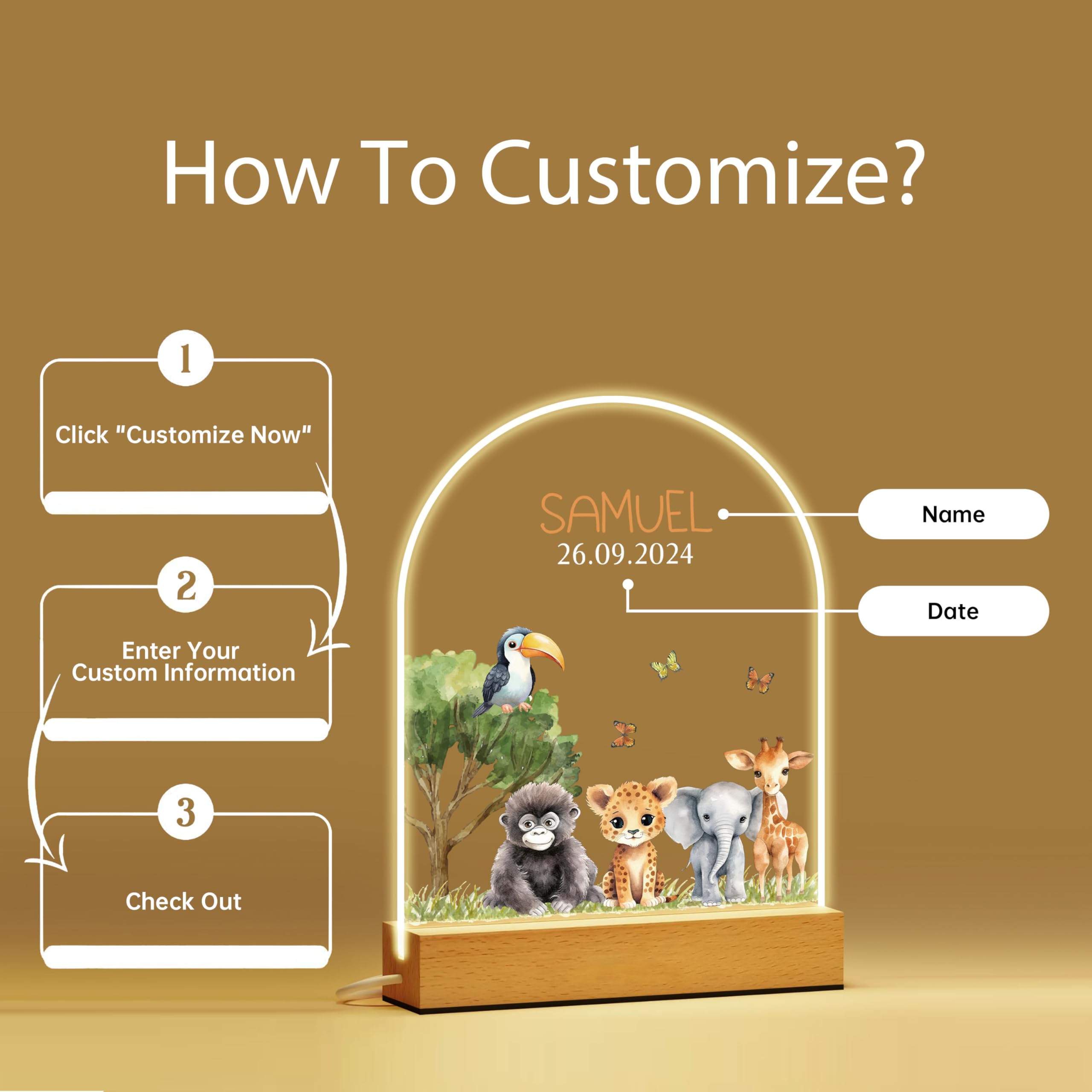 IOUMAM Personalised Night Light for Kids, Custom Name Lamp with Date for Boys Girls, Baby Gifts, Safari Jungle Animal Lamp, Kids Night Lights for Bedroom, Children's Room Decor, Baptism Gifts