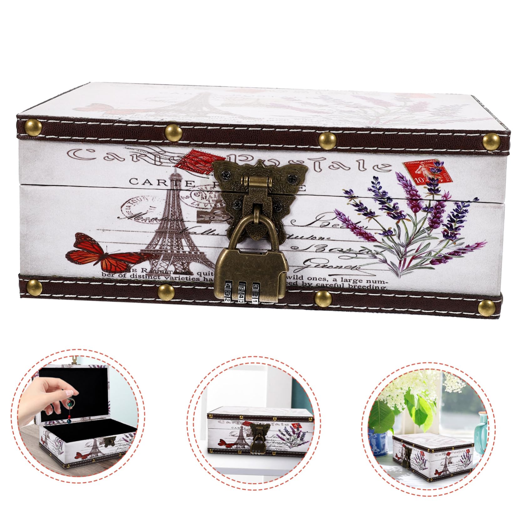 PRETYZOOM Vintage Dekorative Retro Schmuckkiste Holz Leder Aufbewahrungsbox mit Schloss und Ausreichendem Fassungsvermögen mit Staubschutz für Schreibtisch und Kommode