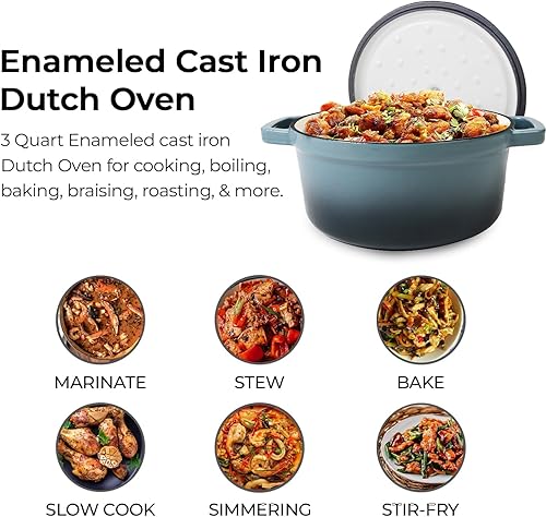 Miniatura 6 de Healthy Choices Regalos navideños para ella, juego de utensilios de cocina de hierro fundido esmaltado, horno holandés gris de 3 cuartos con tapa +