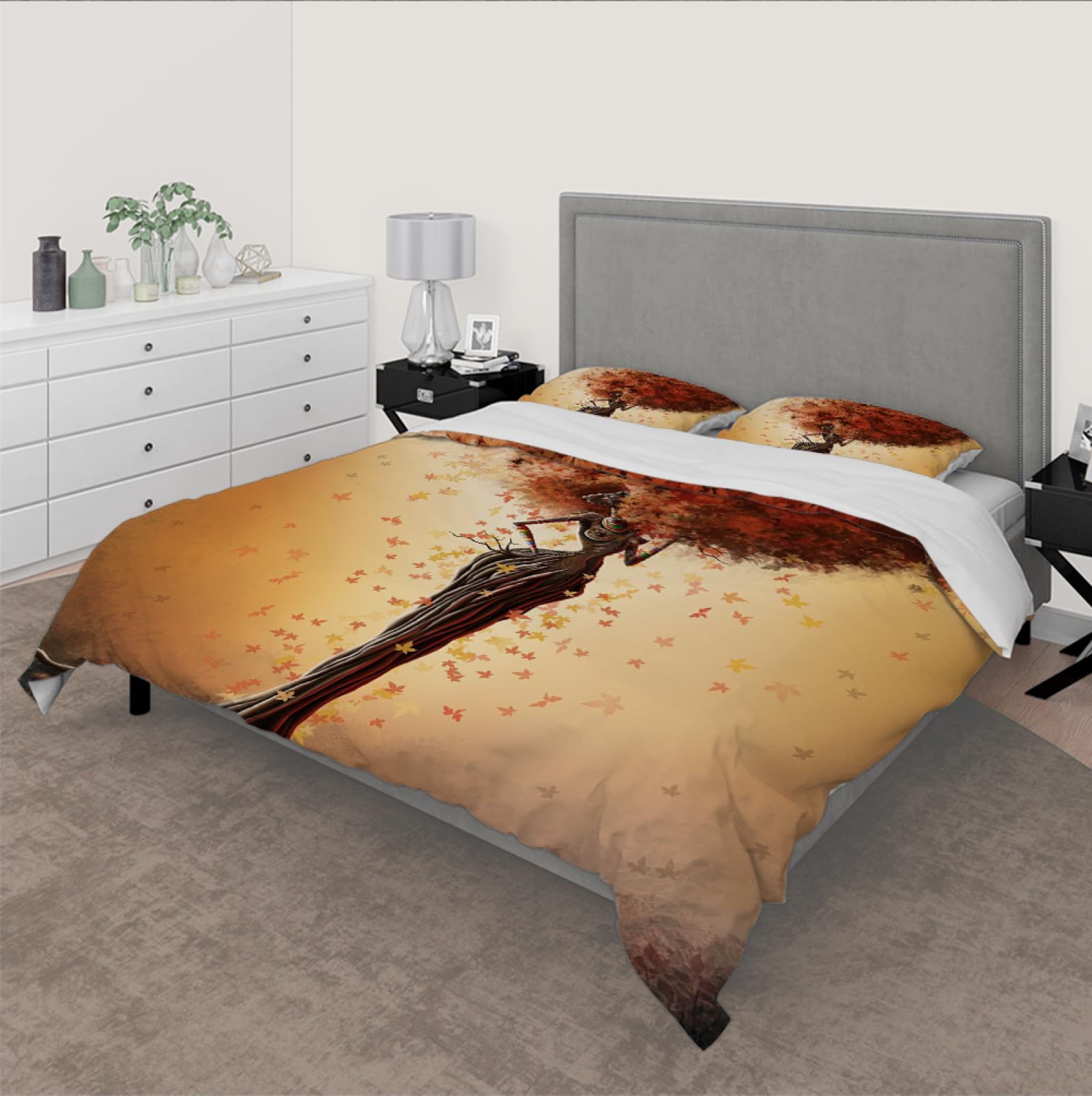 Zestaw pościeli Vintage Golden Leaves 3-częściowy komplet pościeli z abstrakcyjnym nadrukiem portretowym dla kobiet, miękka poszewka na kołdrę 140 x 220 cm