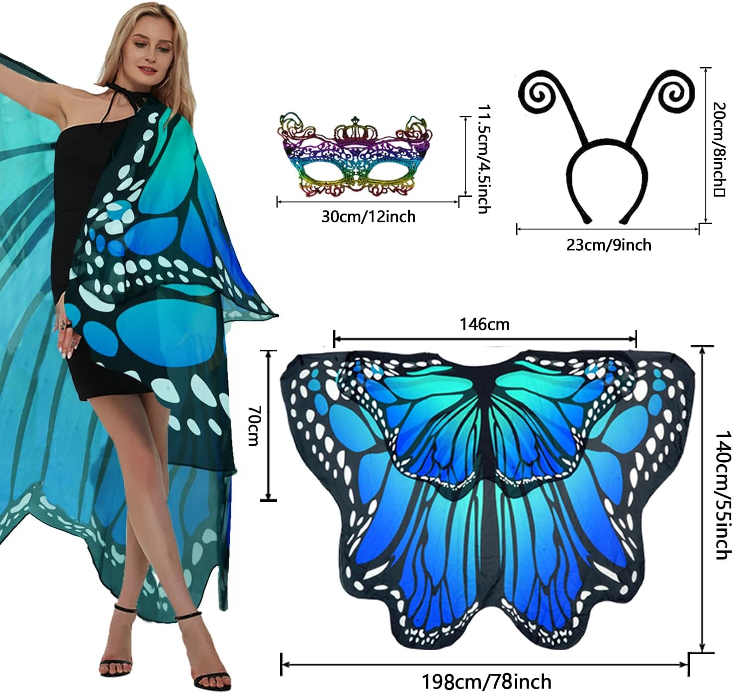 Halloween Costumes Woman 2025-Butterfly Costume Wings Cape with Lace Mask and Headband for Women Adult - Image 2