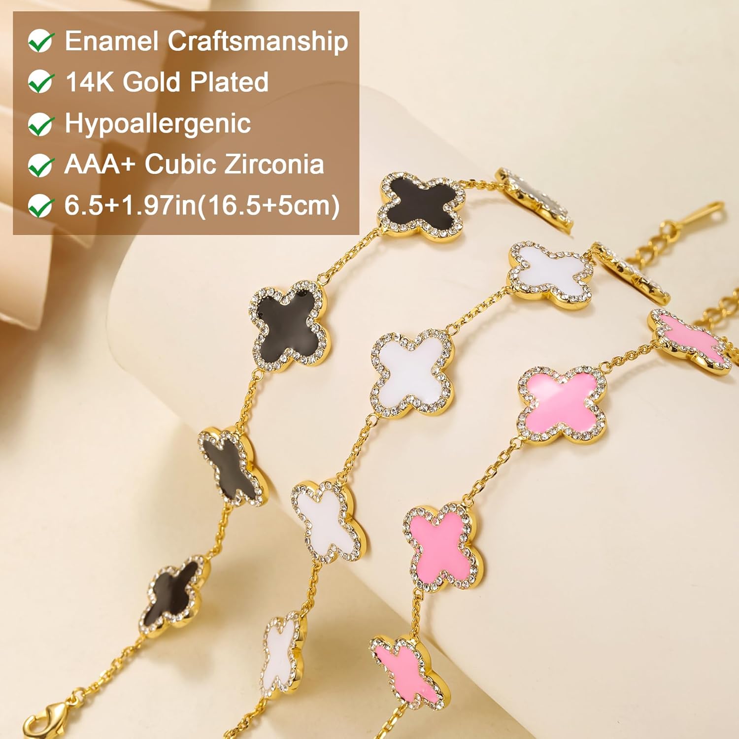 Qitian Clover Bracelet for Women 18K Gold Four Leaf Pink Lucky Link Clover Bracelets, Trendy Bracelets Set Jewelry Gifts for Women - Image 2