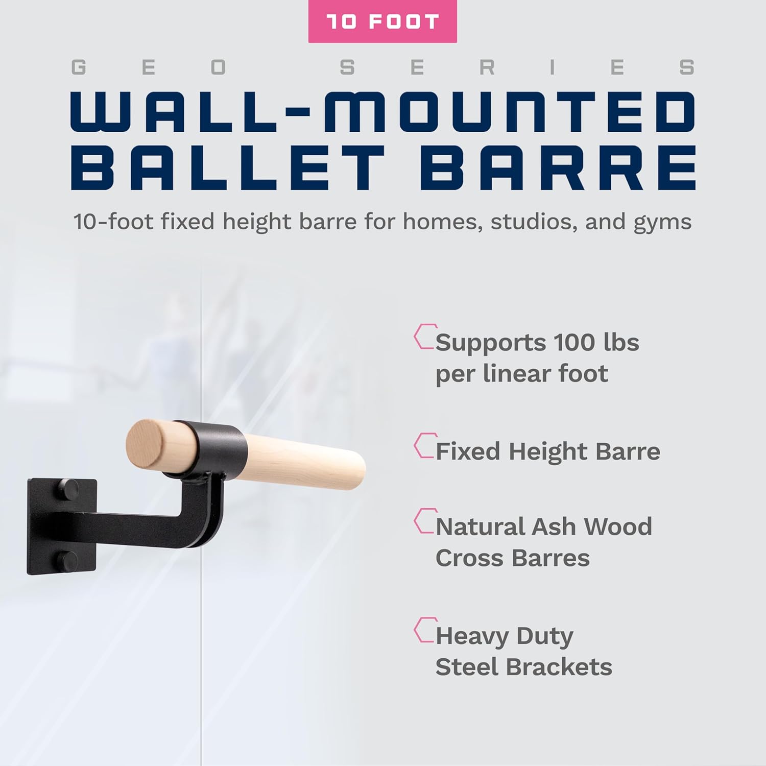 VITA Barre Wall-Mounted Single Ballet Barre, Geo, Wood | Fixed Height, Made in USA, Home, Studio or Gym Exercise Equipment for Kids & Adults | Dance, Fitness, Pilates