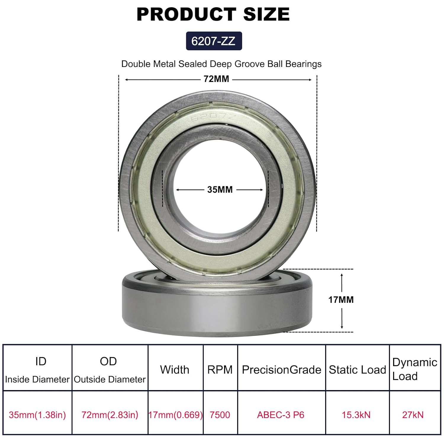 10 PCS 6207-ZZ Double Metal Seal Deep Groove Ball Bearings, Pre-Lubricated and Stable Performance and Cost Effective Bearings (6207 ZZ)