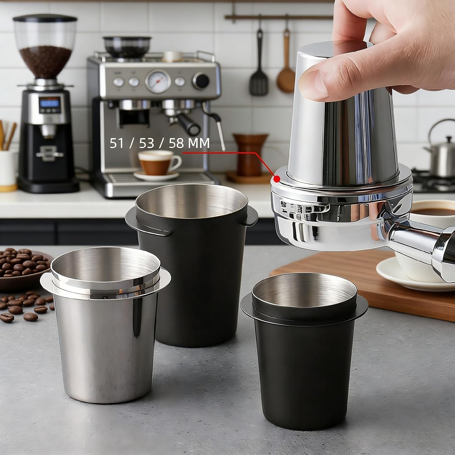 Coffee Dosing Cup 58mm, Stainless Steel Dosing Cup Compatible with All 58mm Portafilter, Coffee Powder Cup, Coffee Powder Feeder, Coffee Machine Accessories(Silvery, 58mm)