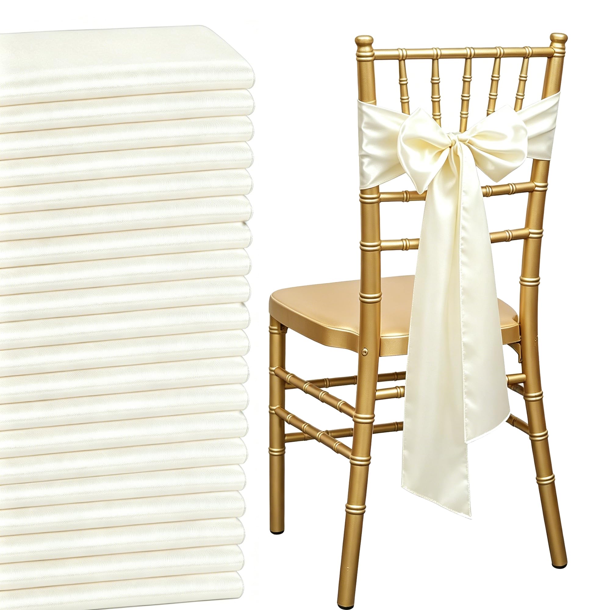 QeeFop Pack of 50 Ivory White Satin Sashes Wedding Chair Bow, Ribbon Fuller Bow for Bridal Wedding Decoration, Birthday, Banquet, Party, Chair Decoration (17 x 275cm) — image 1