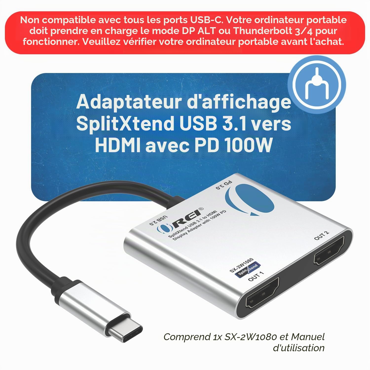 OREI SplitExtend Répartiteur HDMI avec écran étendu pour Windows uniquement double écran – Affichage multi-écrans 3 écrans séparés – Adaptateur USB-C vers HDMI 2.0, sorties 4K @ 30 Hz – Entrée PD 100