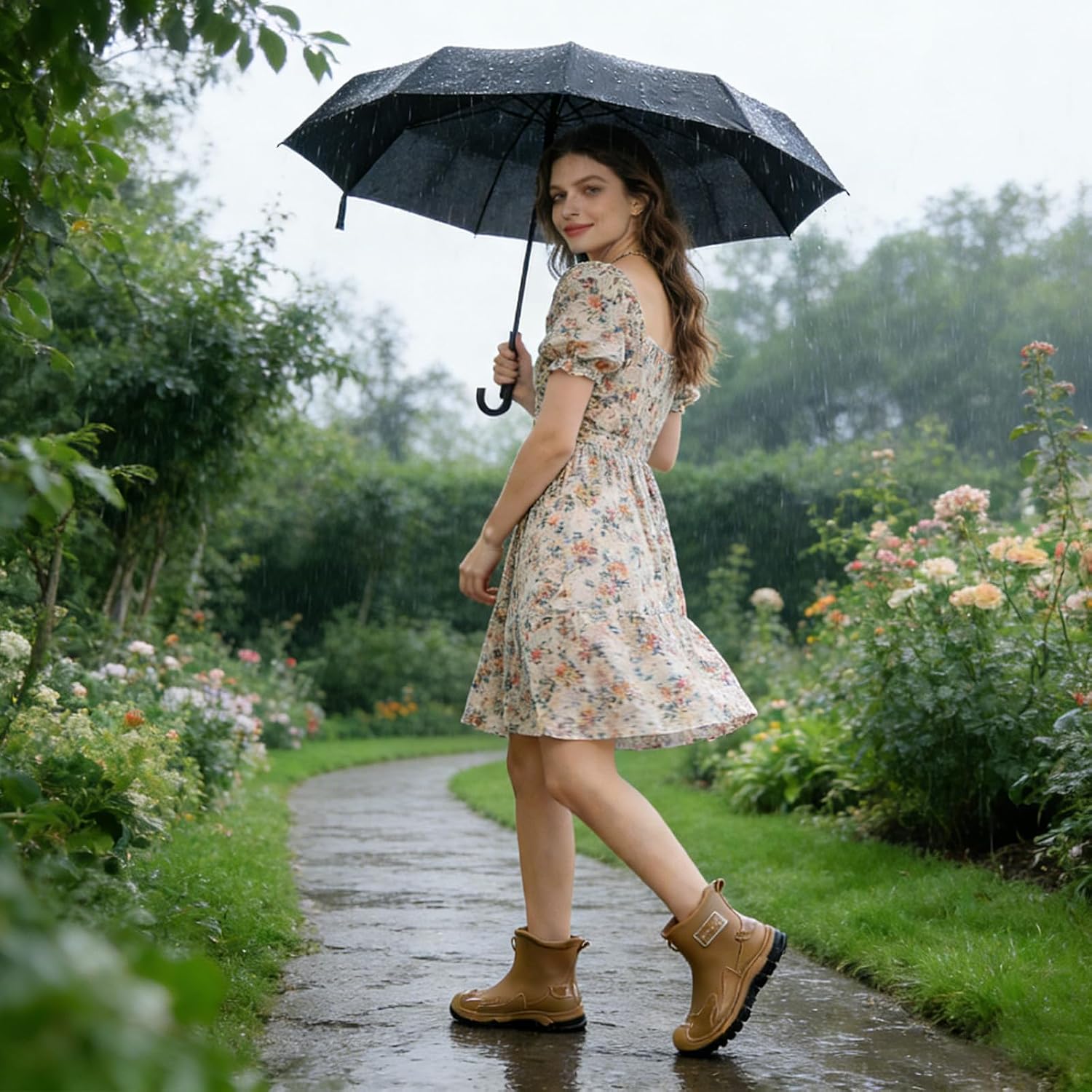 Short Rain Boots for Women’s Lug Sole Platform Waterproof Wide Calf Ankle Rain boots with Removable Comfort Insole Fashion Round Toe Anti-Slip Rubber Garden Outdoor Work Deck Mud Chelsea Boots