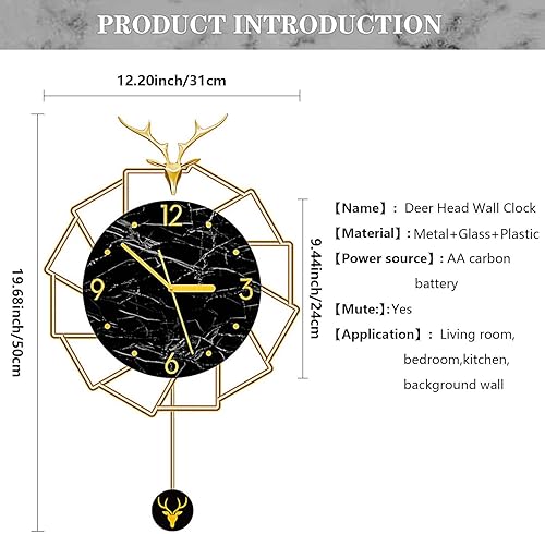 Miniatura 2 de Reloj de pared moderno con decoración de péndulo, reloj de metal con cabeza de ciervo a pilas, reloj silencioso decoración de pared para sala de