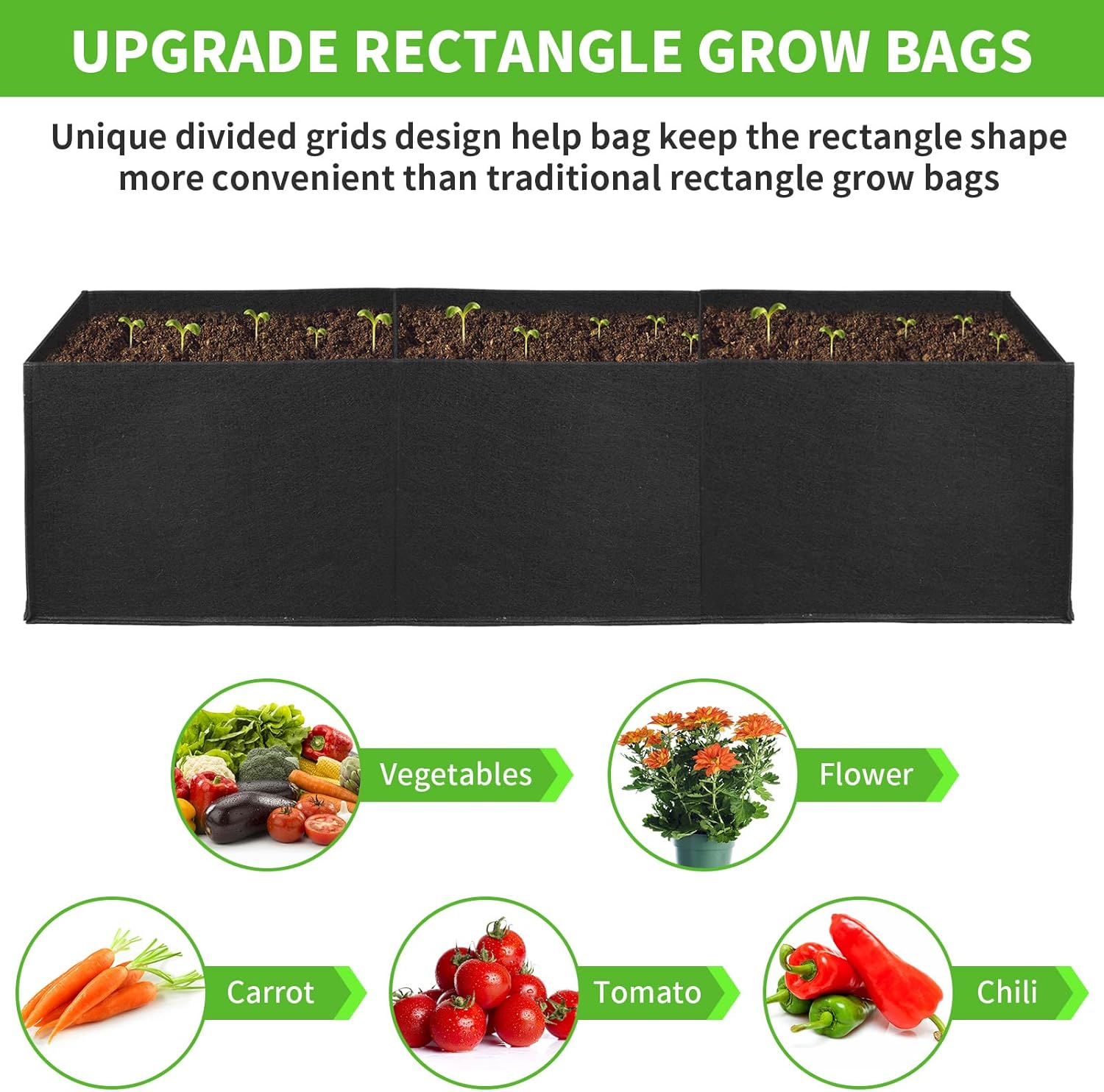 ANGELIOX 2Pcs Grow Bags, 3-Grids Rectangle Grow Bag,14 Gallon Thickened 400G Fabric Garden Bed, Nonwoven Square Flower Planter Containers for Flowers,Vegetable,Fruit, Growing Pots with Handles - Image 6