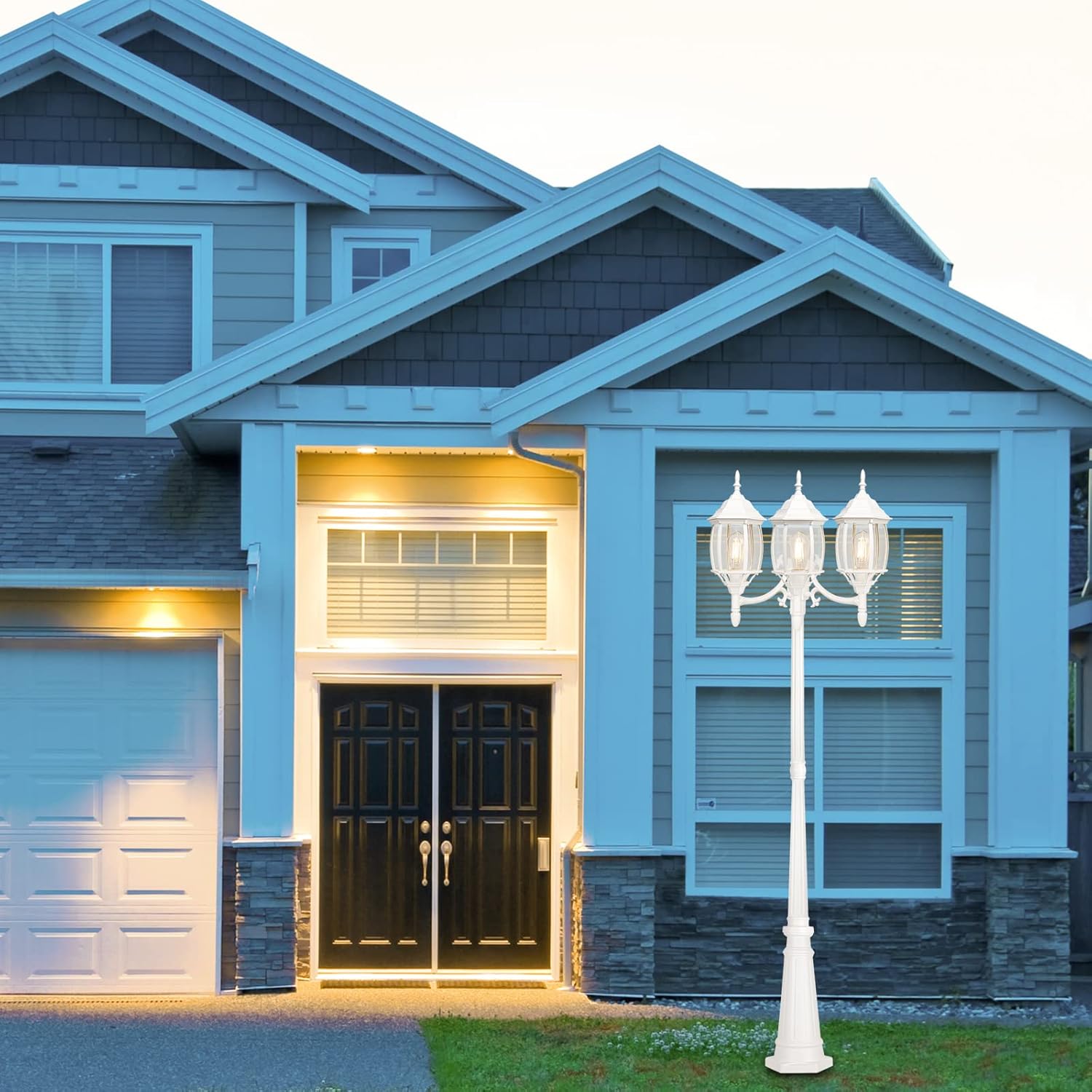 Buy Dusk to Dawn Sensor Outdoor Lamp Post Light 3Head, Classic White