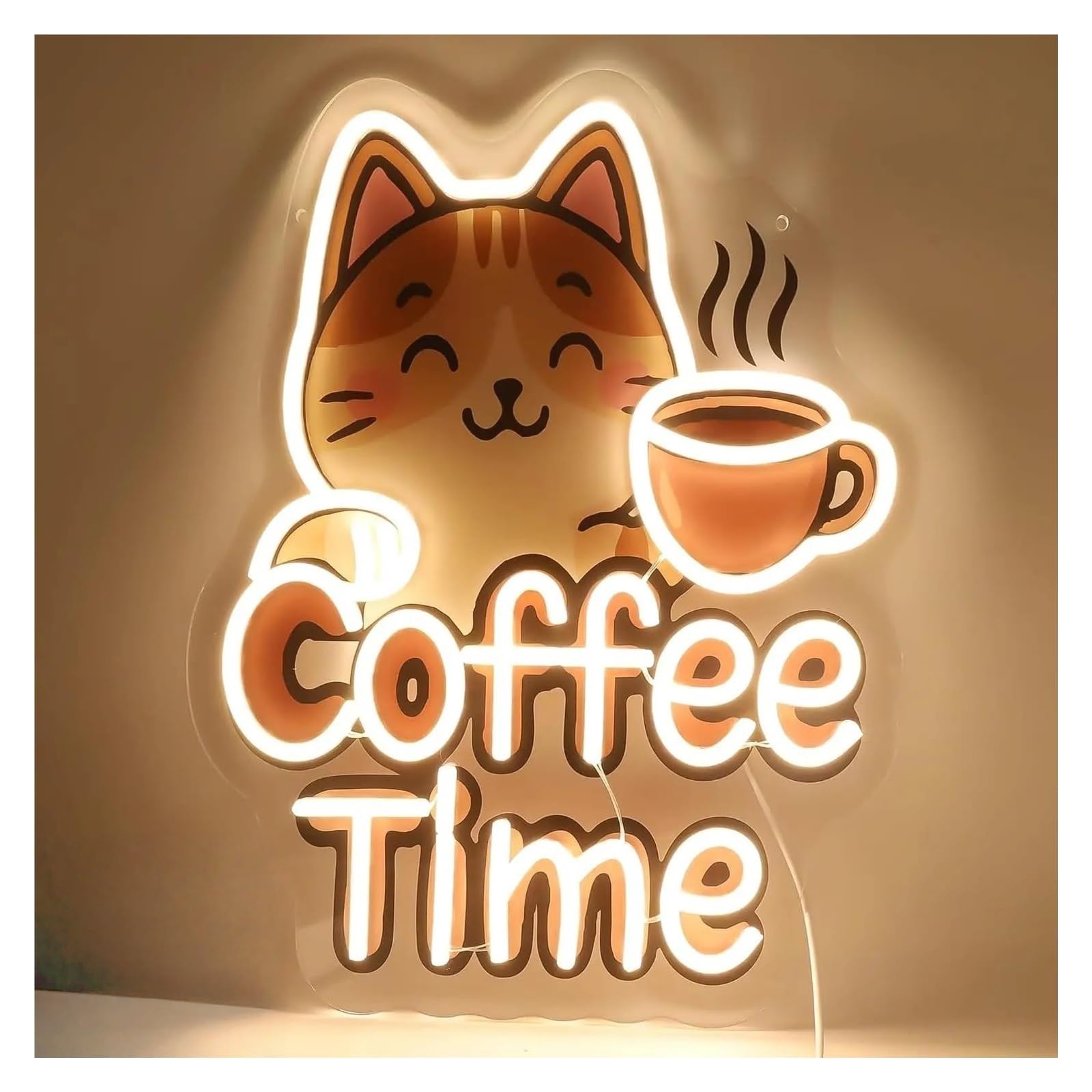 SHOUXI Sign Lamp Coffee Time Neon Sign Cat Neon Light Wall Decor for Coffee Shop Cafe Restaurant Home Bar Decor 36x32.5cm