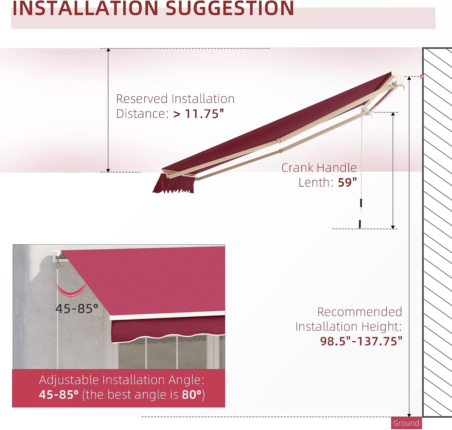 Outsunny 13' x 8' Retractable Awning, Patio Awnings, Sunshade Shelter w/Manual Crank Handle, UV & Water-Resistant Fabric and Aluminum Frame for Deck, Balcony, Yard, Wine Red