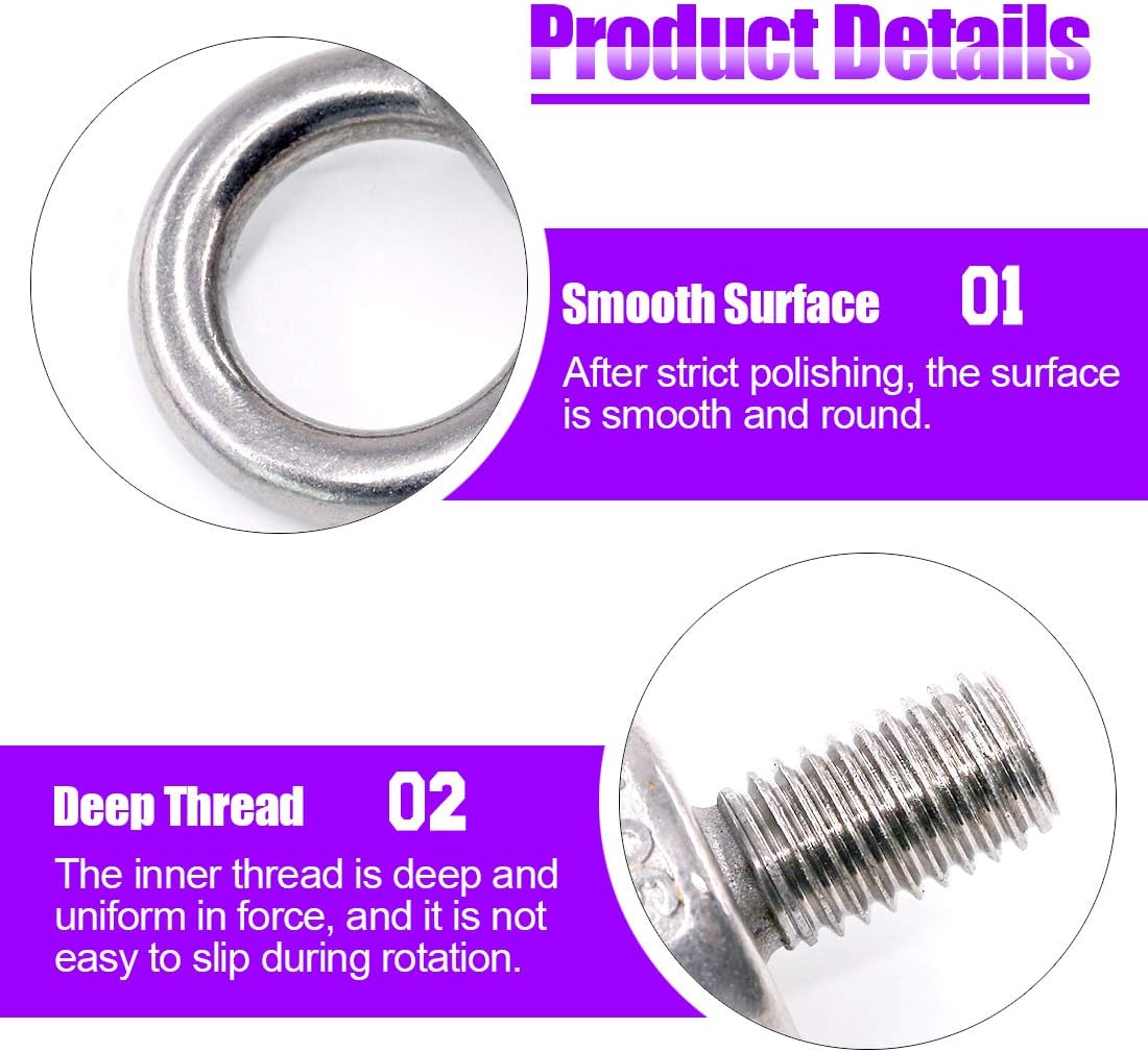 8Pcs 304 Stainless Steel M16 Male Thread Lifting Ring Eye Bolt Kit, Including 2Pcs M16 Eye Bolt with 2Pcs Lock Nuts, 2Pcs Lock Washers and 2Pcs Flat Washers