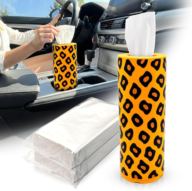 Porta-lenços cilíndrico para porta-copos automotivo JUYQZ com estampa de leopardo, recarregável e com 2 pacotes de lenços