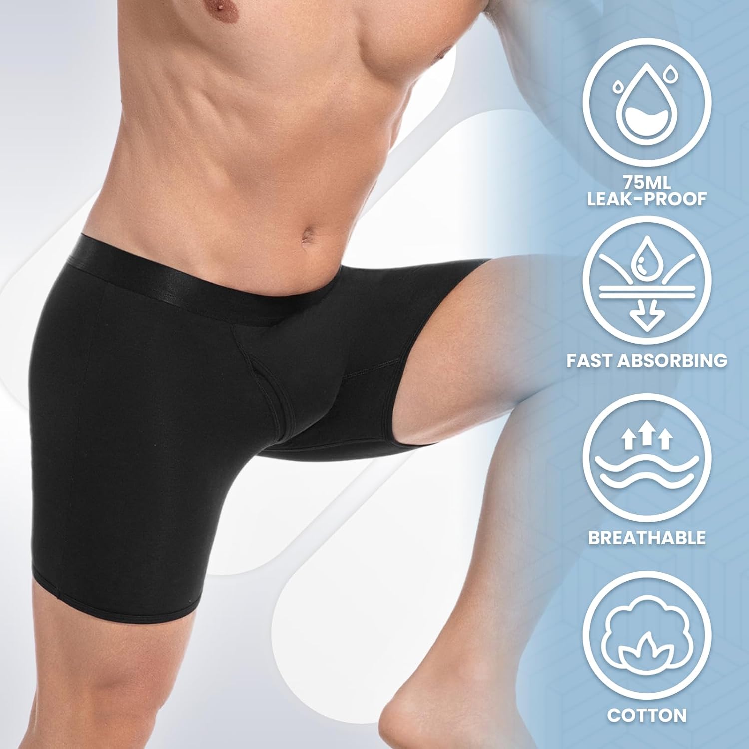 Men's Incontinence Underwear, Leak Proof Washable Reusable Cotton Boxer Brief, Heavy Flow Bladder Leak 2 Pack Black, Blue L