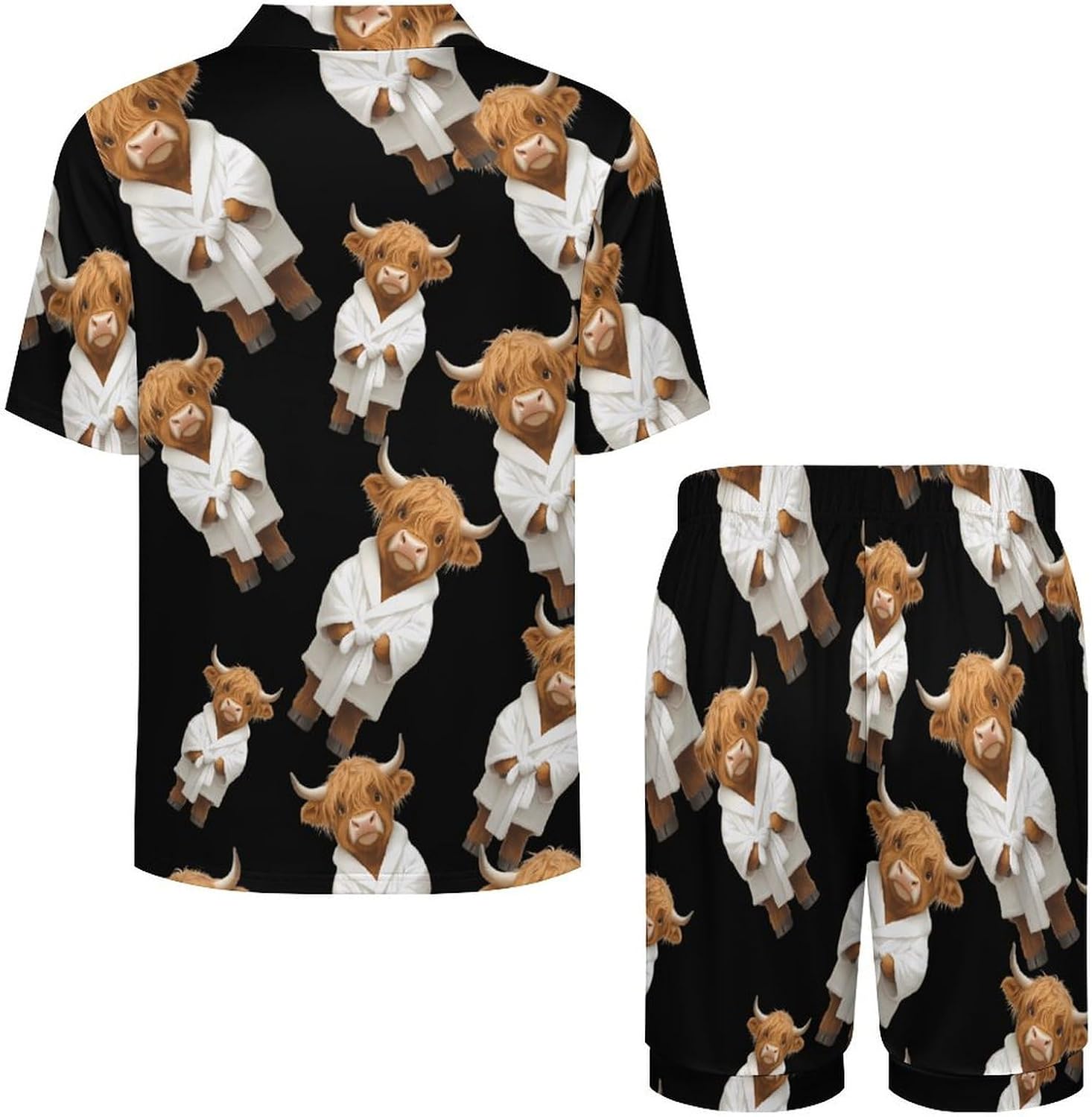 Highland Cow Wearing Bathrobe Men's Short Sleeve Pajama Set Satin Silk Like Lounge Sleepwear