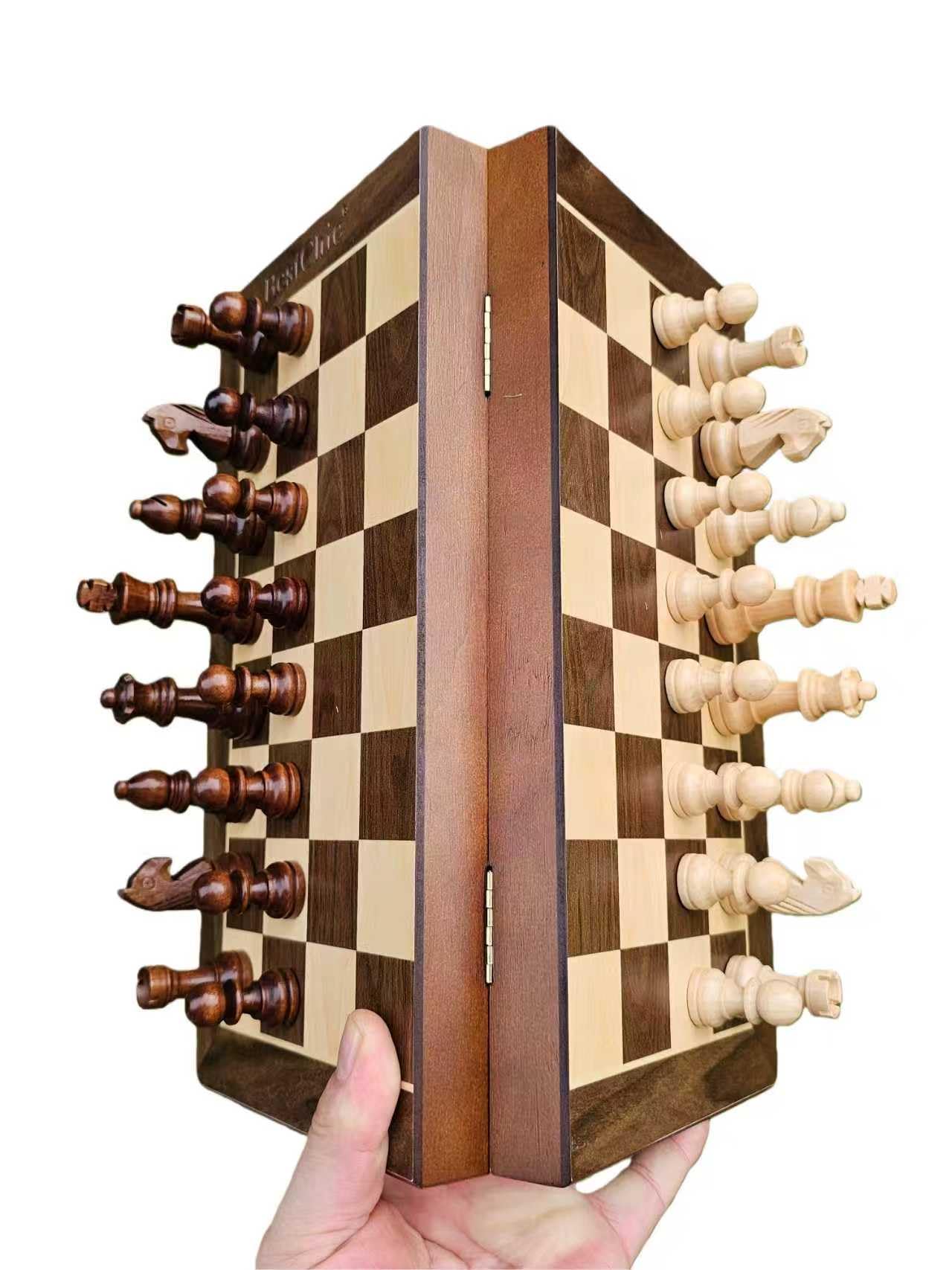 Magnetic Travel Wooden Chess Set,12-inch Chess Board,Folding Magnetic Chess Game Portable Chess Sets Includes 2 Extra Queens,Beginner Chess Set for