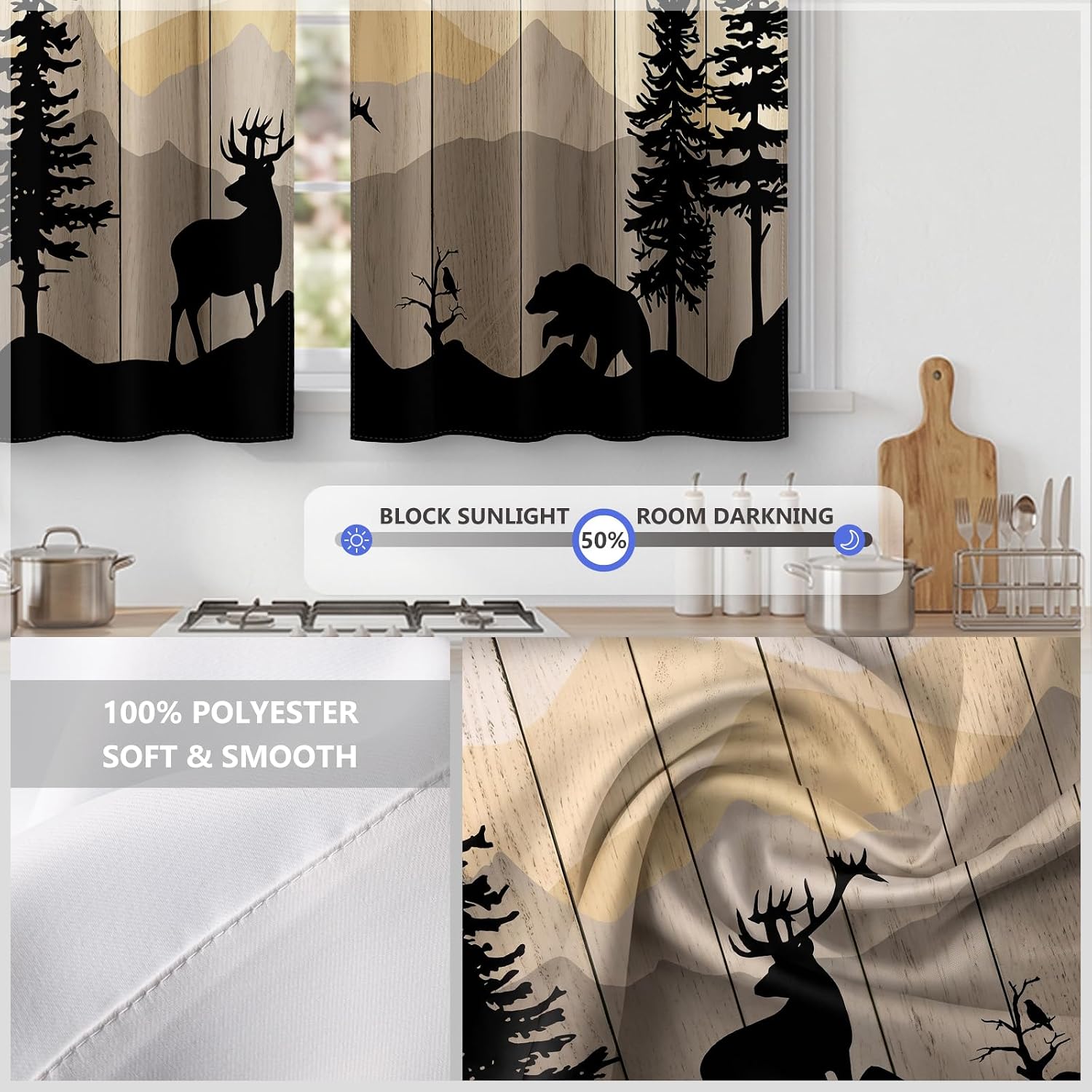 Aimego Rustic Cabin Kitchen Tier Curtains, 28Wx45L, 2 Panels, Rod Pocket