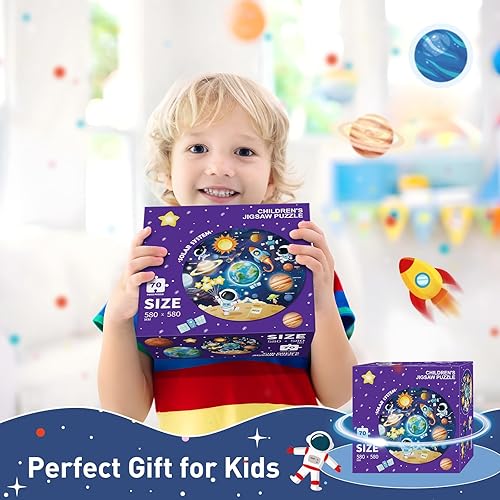 Miniatura 7 de Rompecabezas redondo del sistema solar, rompecabezas de suelo para niños, rompecabezas grande de 70 piezas de planetas espaciales para niños de 3 a