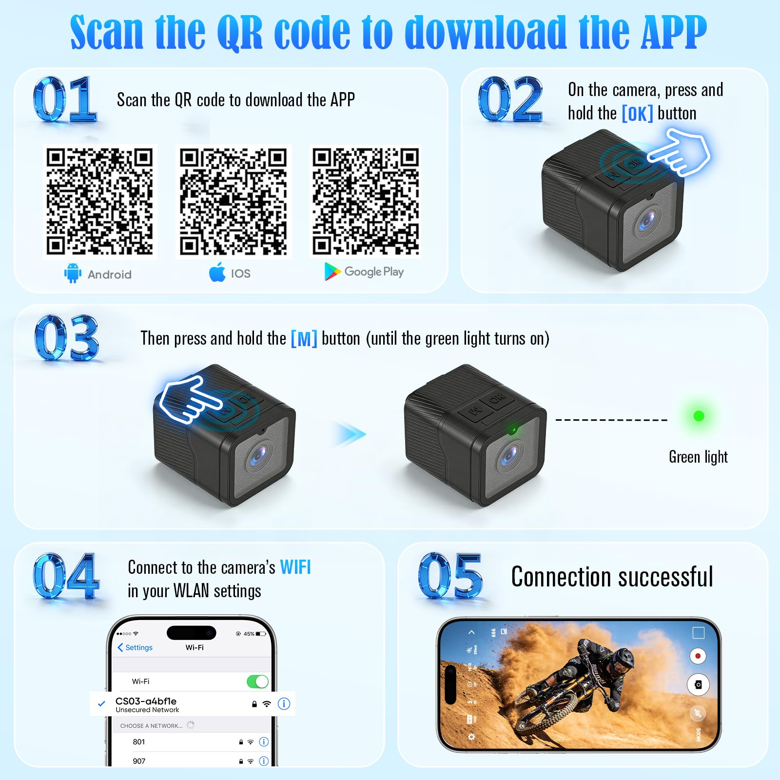 Mini Action Cam,WiFi 1080P HD & 120° Wide Angle Helmet Camera, versione migliorata Dashcam bicicletta con scheda di memoria da 64 GB