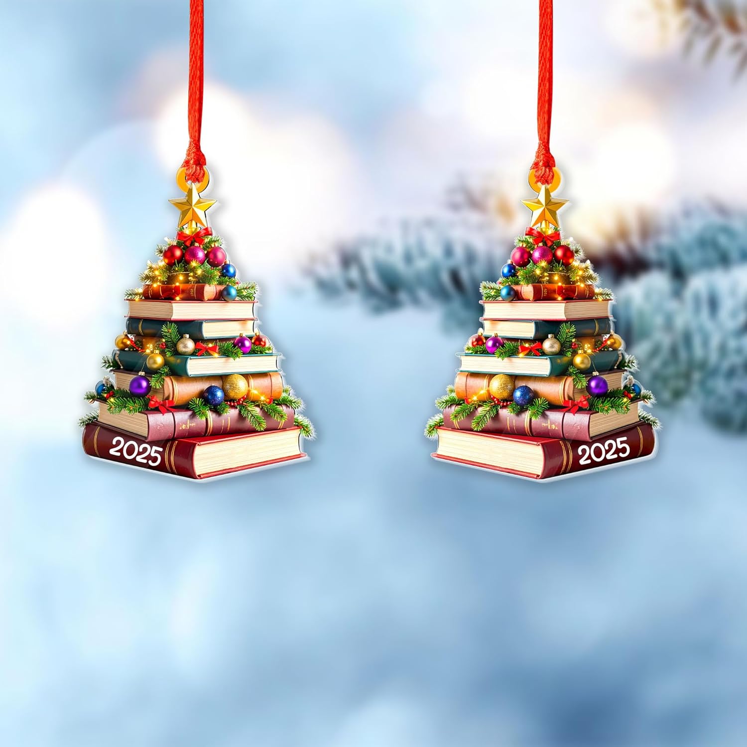 Pack 2 Book Tree Christmas Ornament (1 Wood+1 Acrylic), 2025 Bookworm Christmas 2D Flat Ornaments, Gift for Book Lovers, Readers, Librarian, Friends - Bookish Club Gifts for Women, Xmas Tree Decor - Image 7