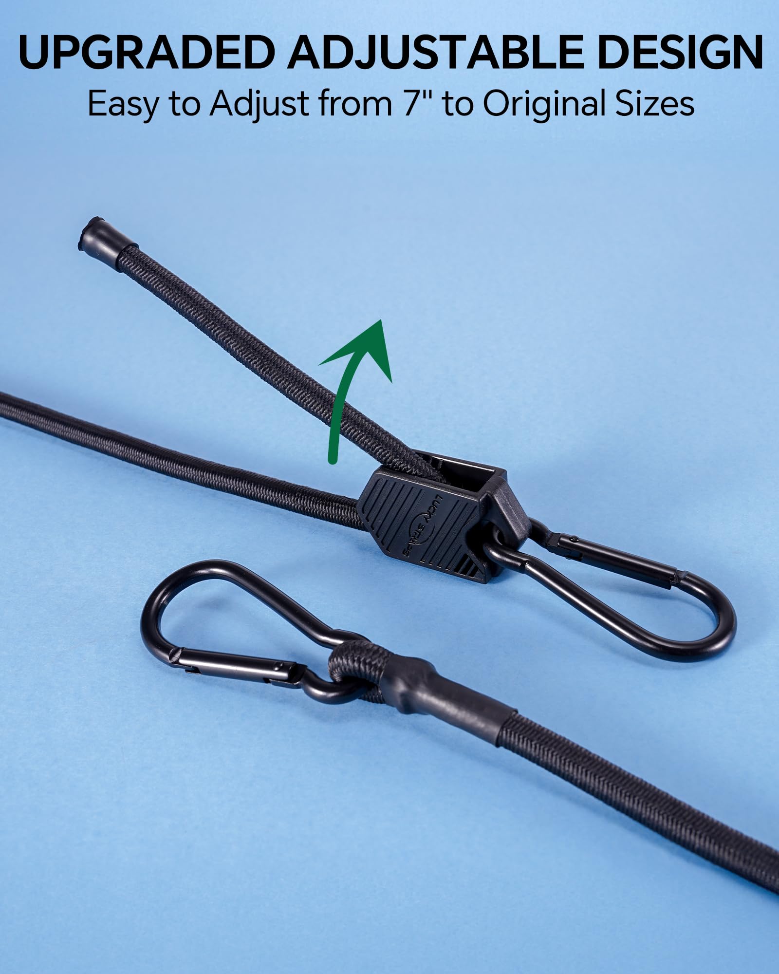 Verstellbare Karabiner-Spanngurte, verschiedene Größen mit Haken, einfach zu verstellen, schwarze Bungee-Gurte mit verbessertem Design und hervorragender Elastizität für Fracht, Gepäck, etc