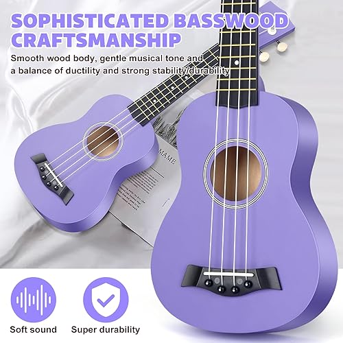 Miniatura 49 de Ukelele soprano para principiantes, juego de iniciación de ukeleles de madera de tilo de 21 pulgadas con bolsa de gig sintonizador digital, cuerdas