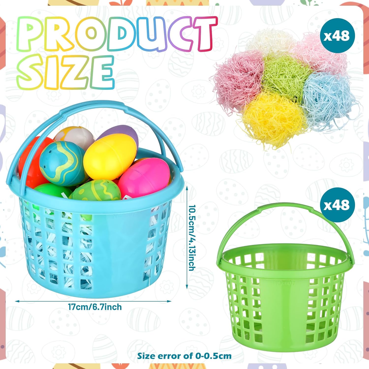 96 Pcs Pastel Plastic Easter Baskets with 48 Plastic Easter Baskets and 48 Grass Bulk for Egg Hunts Game for Spring Theme Crafts Favors Stuffers Garden