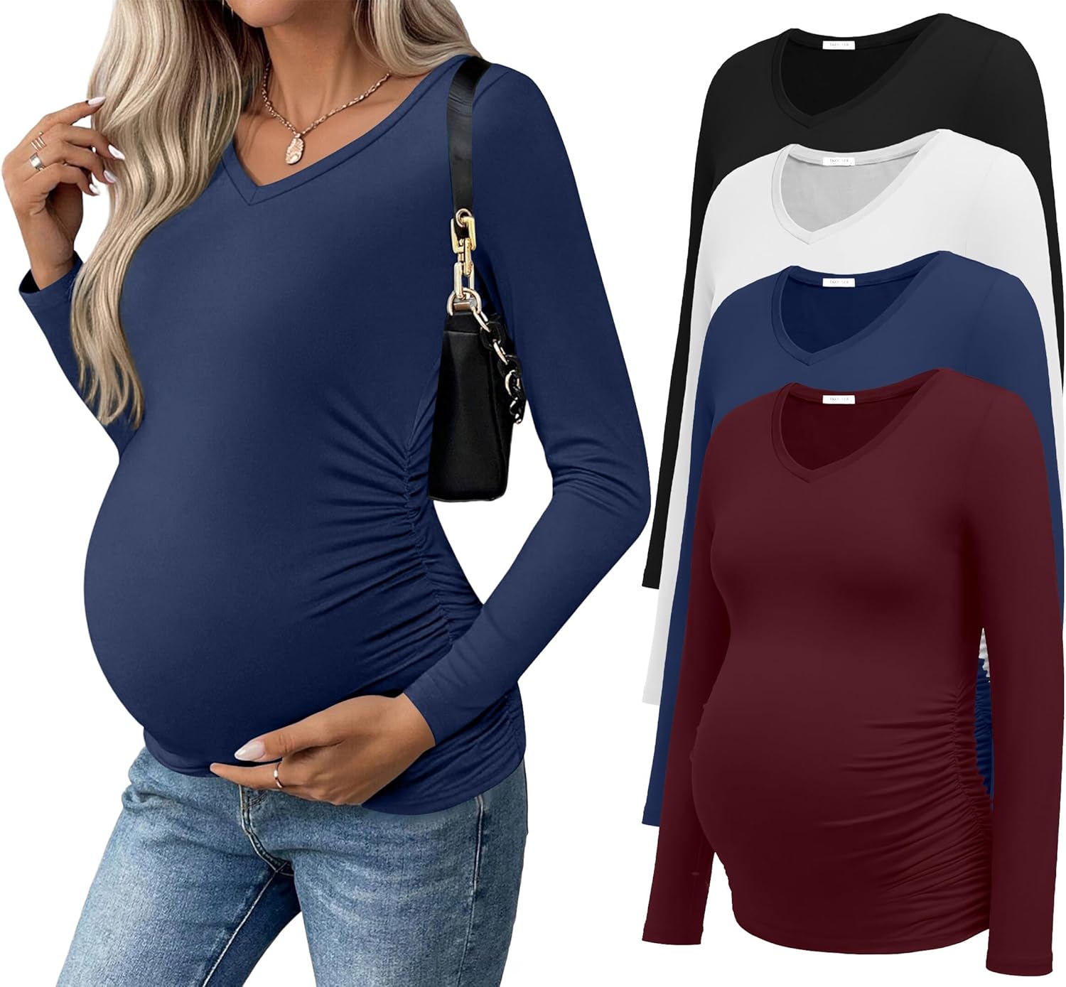 Ekouaer Womens Maternity Shirts Long Sleeve 4 Pack V Neck Side Ruched Pregnancy Tops Blouse Casual Mama Clothes S-XXL