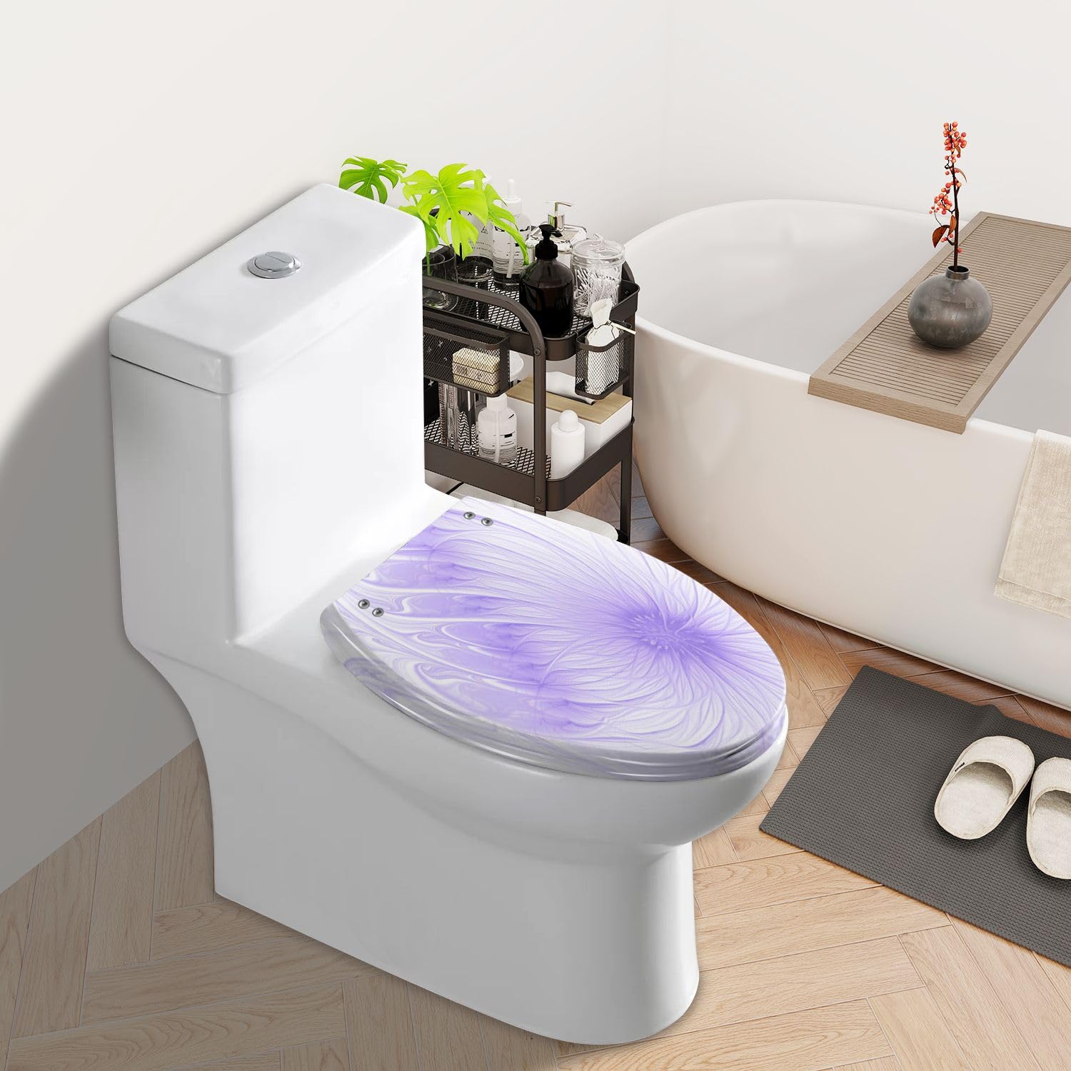 Elongated Toilet Seat Pastel Violet Flower Abstract Purple White Art Resin Toilet Seat Quietly Slow Close with Quick-Release Hinges Toilet Seat with Cover Easy to Clean Install