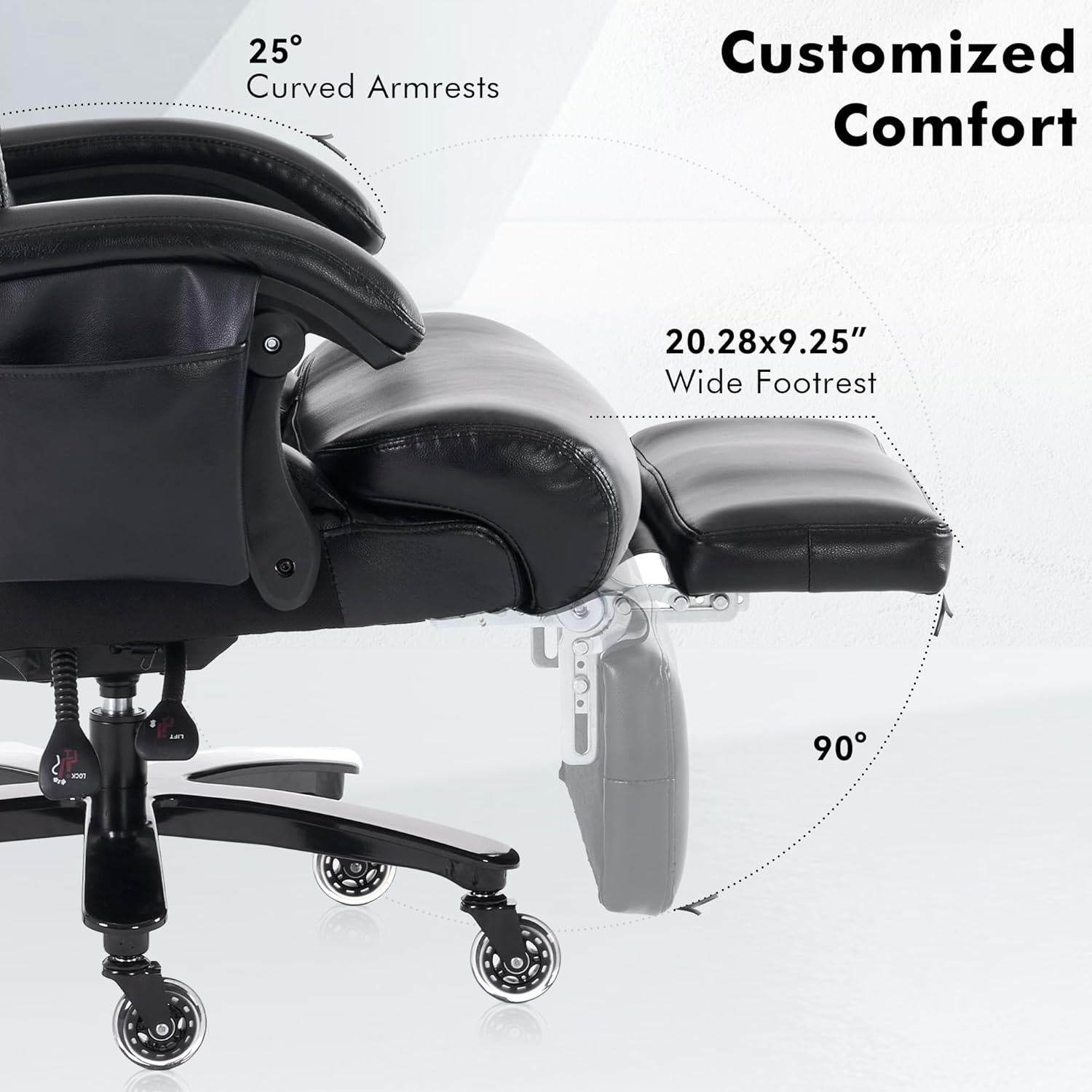 Big and Tall Ergonomic Office Chair with Footrest, Heavy Duty Massage Executive Desk Chair with Lumbar Support, Adjustable Headrest, High Back Reclining Computer Chair 500lbs, Leather, Black