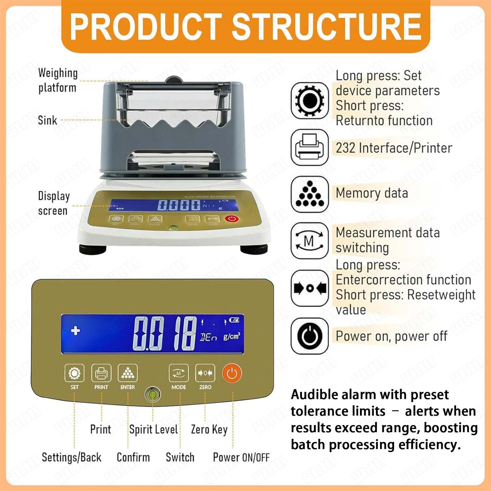 Probador de pureza de oro, analizador de metales de precisión de 0,001 g, no destructivo para oro/platino/paladio, recargable, pesaje de 2 pasos con alarma