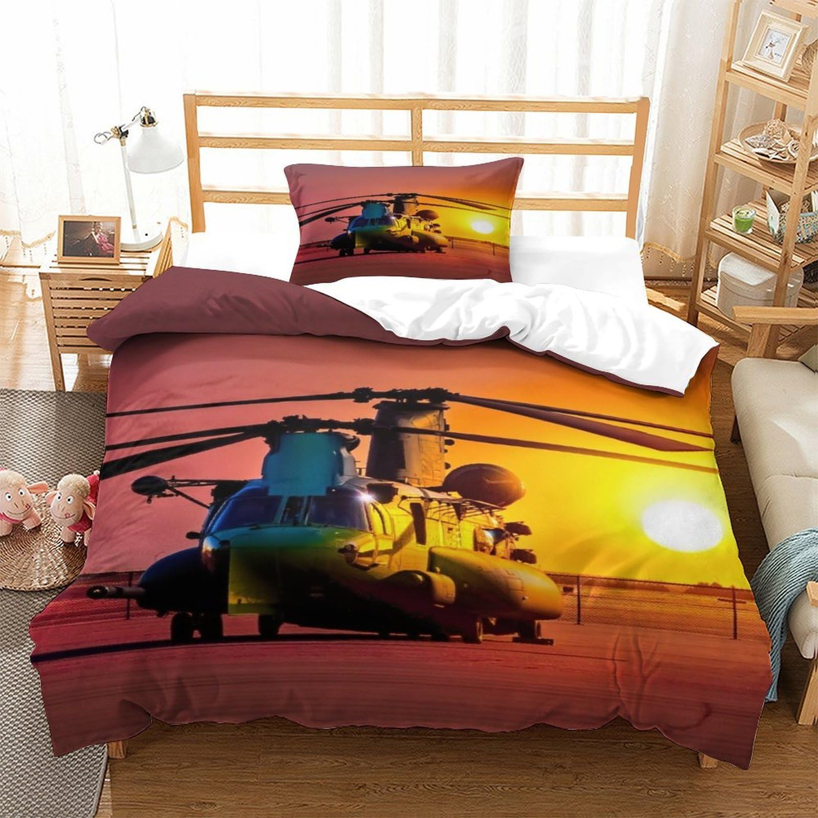 LILIlaobiao Chinook Under The Sunset Pattern Bedding Set Single（135x200cm）, 3D Printed Military Helicopter Quilt Cover with Zipper Closure, Duvet Cover with Pillowcase for Kids & Adults