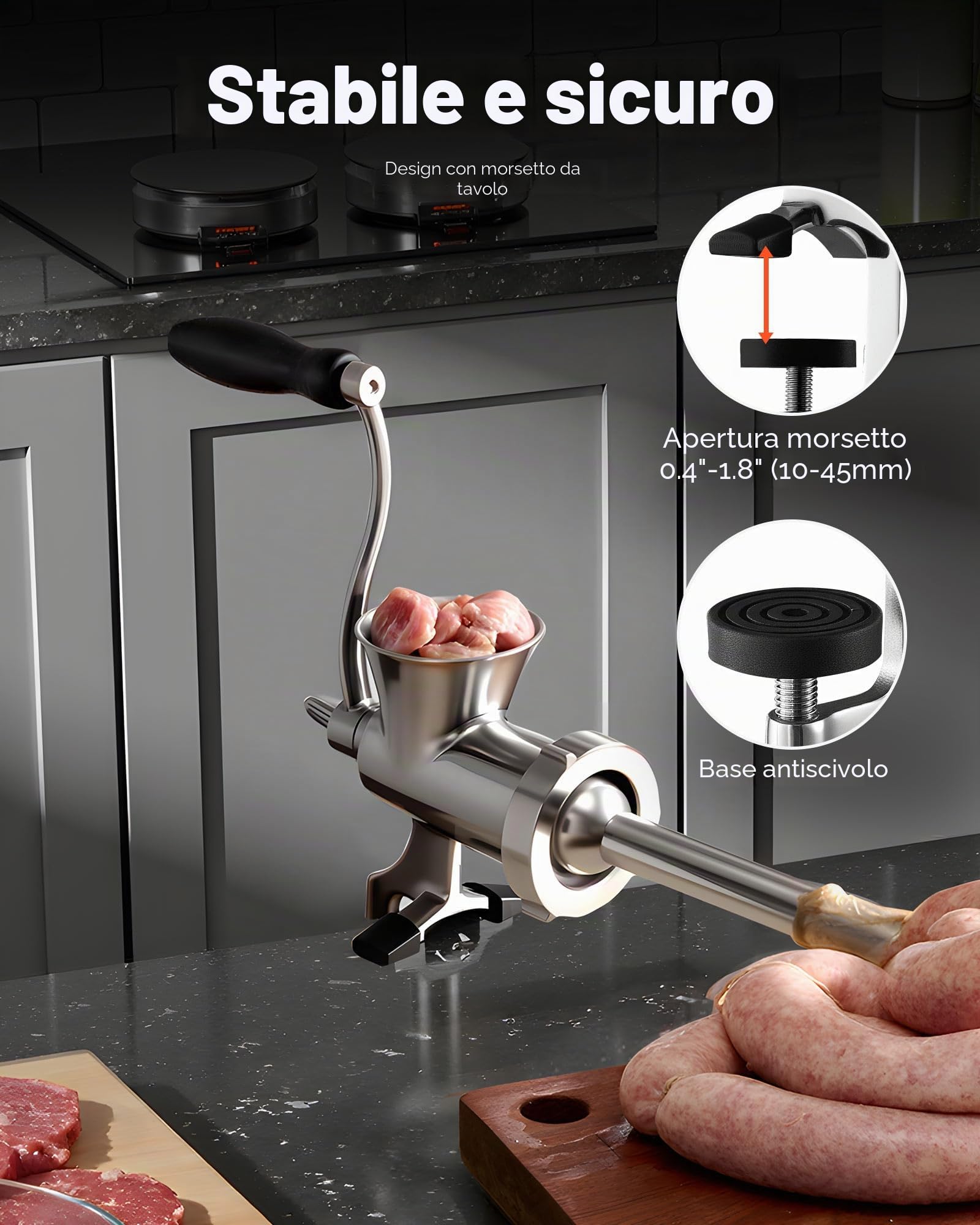 VEVOR Tritacarne Manuale con Manovella, Macchina Tritacarne per Salsicce in Acciaio Inox 304 con Morsetto da Tavolo, Insaccatrice per Salsicce con Piastre di Taglio (4,5/8 mm)