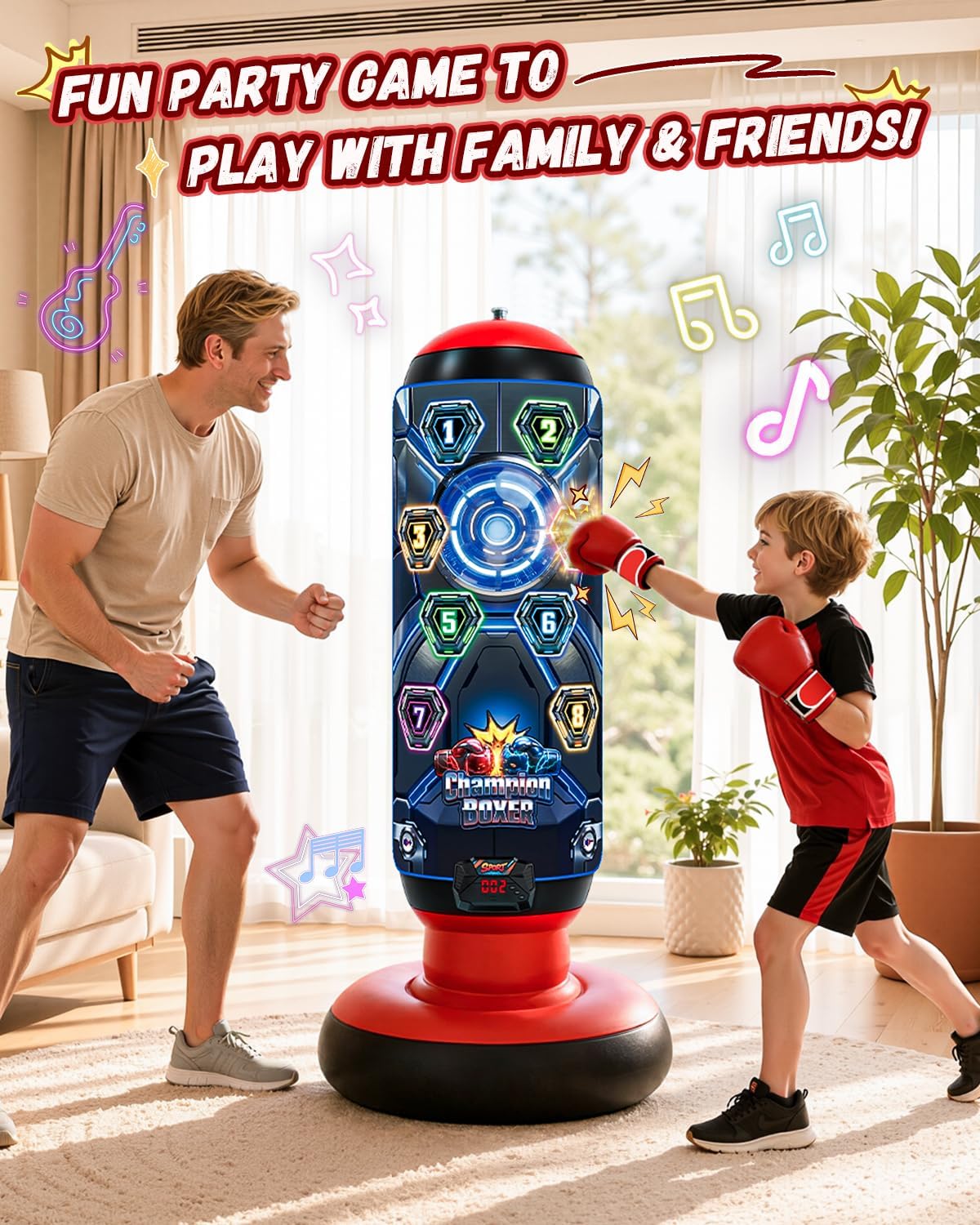 FOTSHARER Kinder-Boxsack mit Handschuhen und Pumpe, aufblasbares Boxset, elektronischer Boxsack mit Musik und Lichtern, freistehendes Kampfsportspielzeug mit 4 intelligenten Spielmodi für Kinder