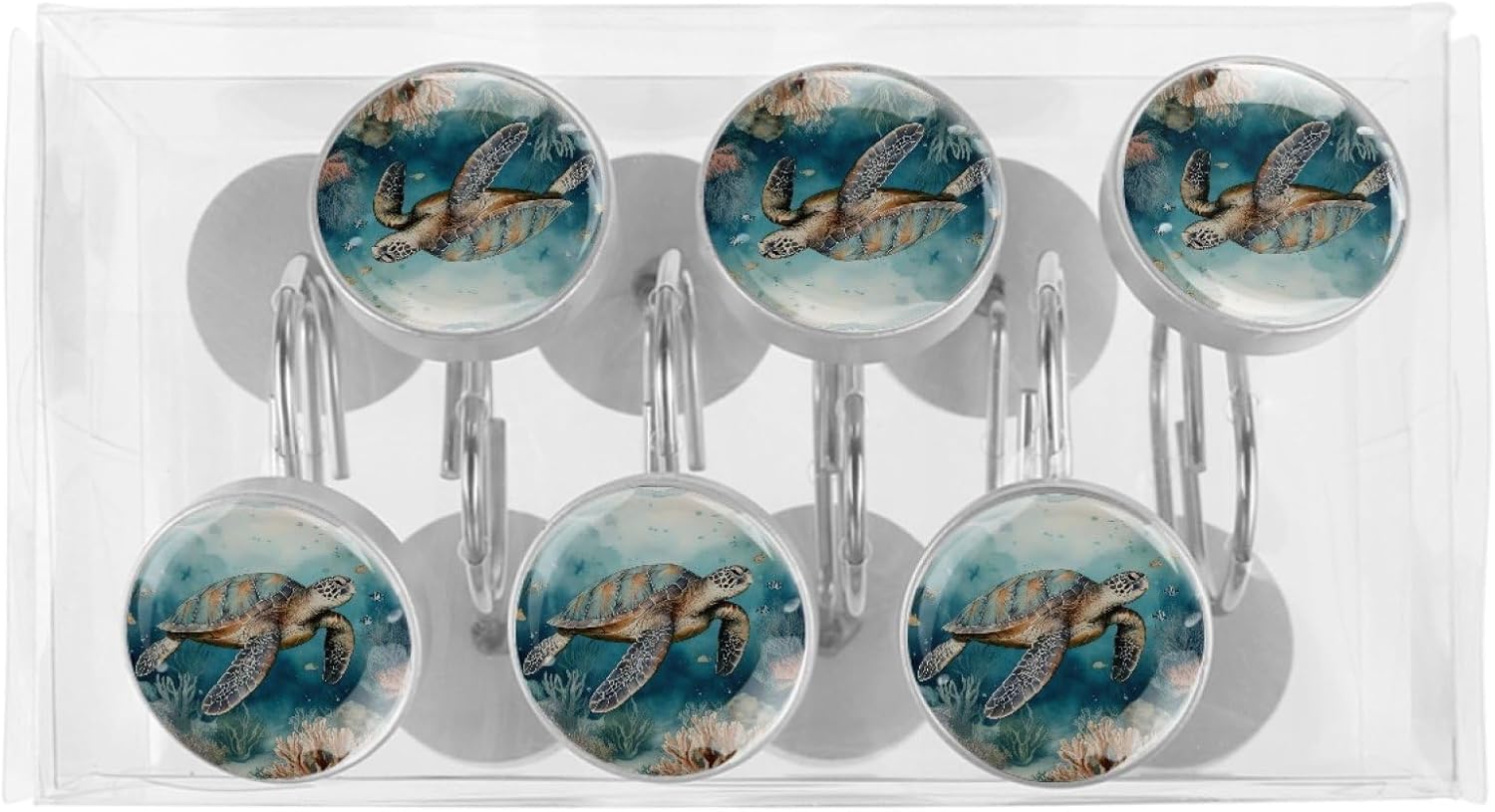 Retro Coral and Ocean Turtle Shower Curtain Hooks Rings, Round 12 Pcs Resin Glass Shower Curtain Hangers for Bathroom, Rust Proof Stainless Steel Shower Hooks for Shower Curtain Rod