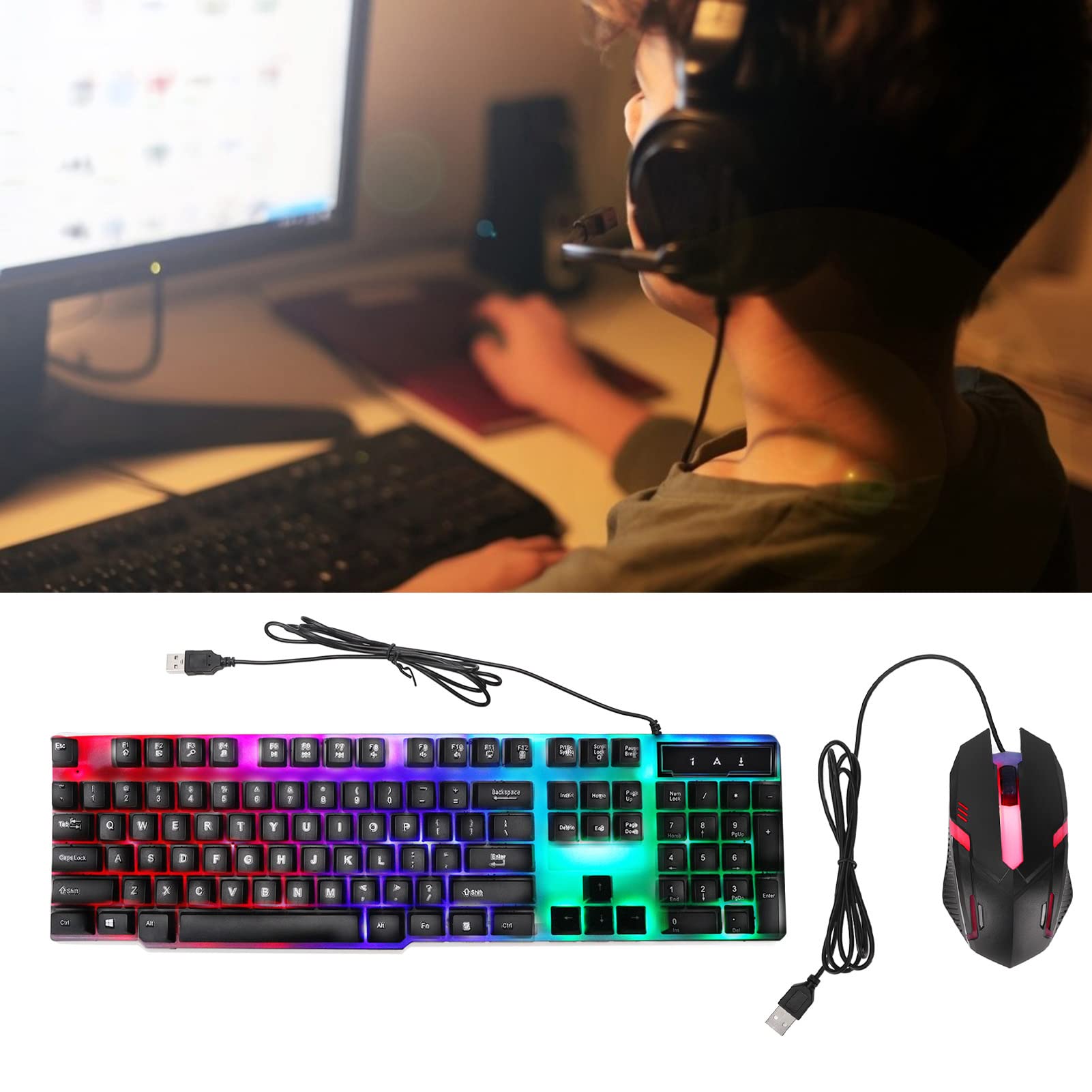 ciciglow Gaming-Tastatur und -Maus-Kombination, Kabelgebundene Hintergrundbeleuchtete Computertastaturen und RGB-Gaming-Maus, Mechanische Tastaturen mit 104 Tasten DPI 4800-Maus für Gamer