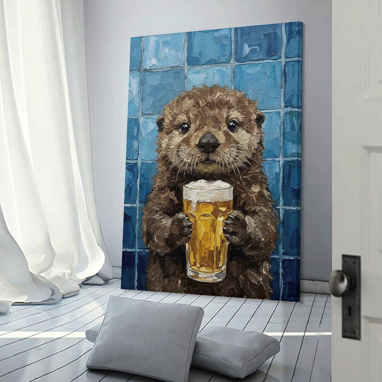 Junmoney Otter with Beer Painting Wall Decor Canvas Print, 08x12inch(20x30cm), for Wall Displays, Bedrooms Or Room Updates, Wall Decor Suited to Curated Displays
