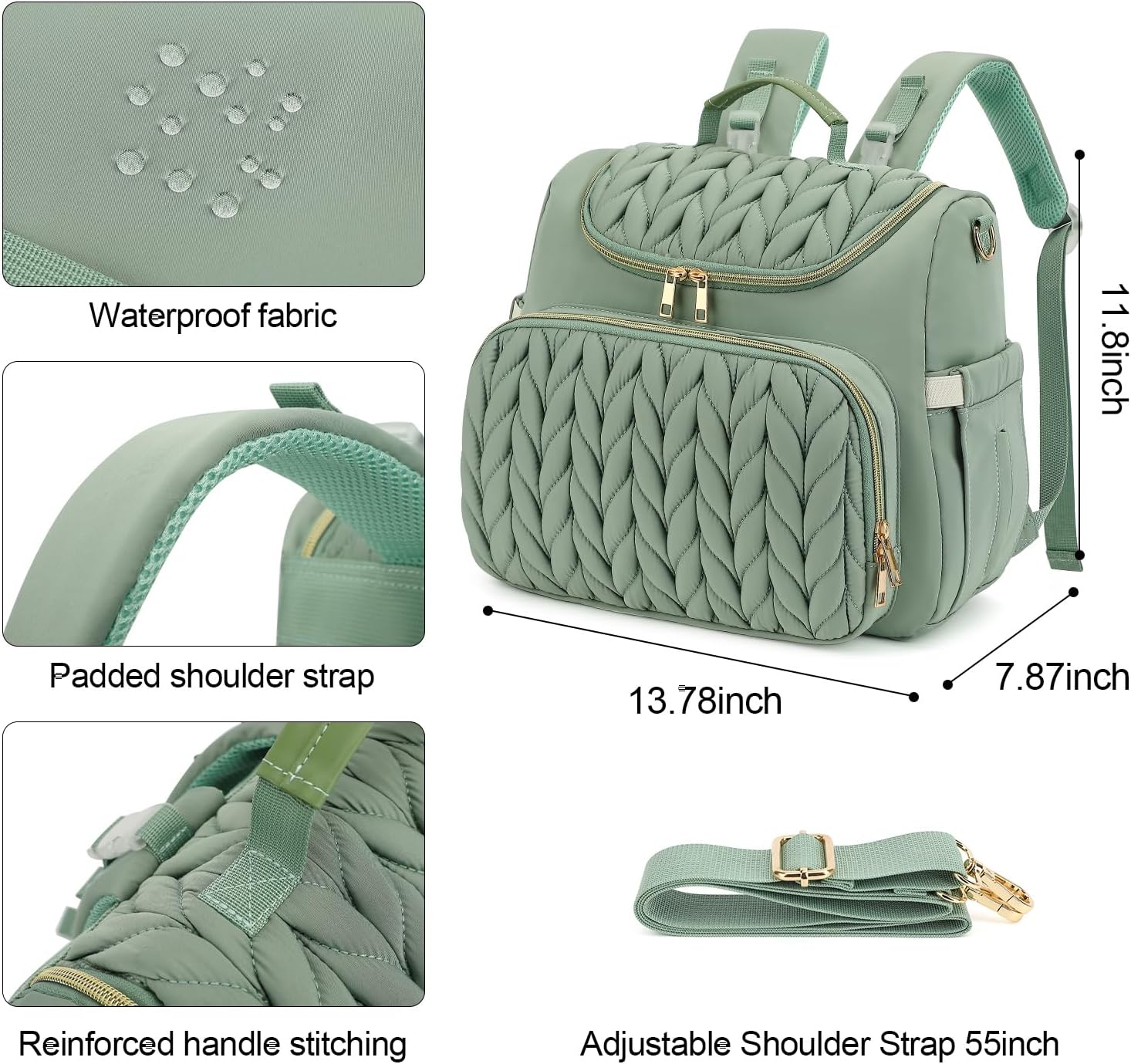 Small Diaper Bag Backpack, Quilted Mini Baby Crossbody Diaper Bag Tote for Mom (Matcha Green)