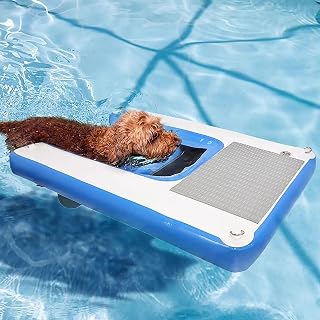 Rampa Piscina para Perros Barco Inflable para Perros y Rampa Para Piscina, Plataforma Flotante para Agua Escalera para Perros para Trepar, Balsa Flotante para Cachorros para Pontones Muelles Lagos(Blu